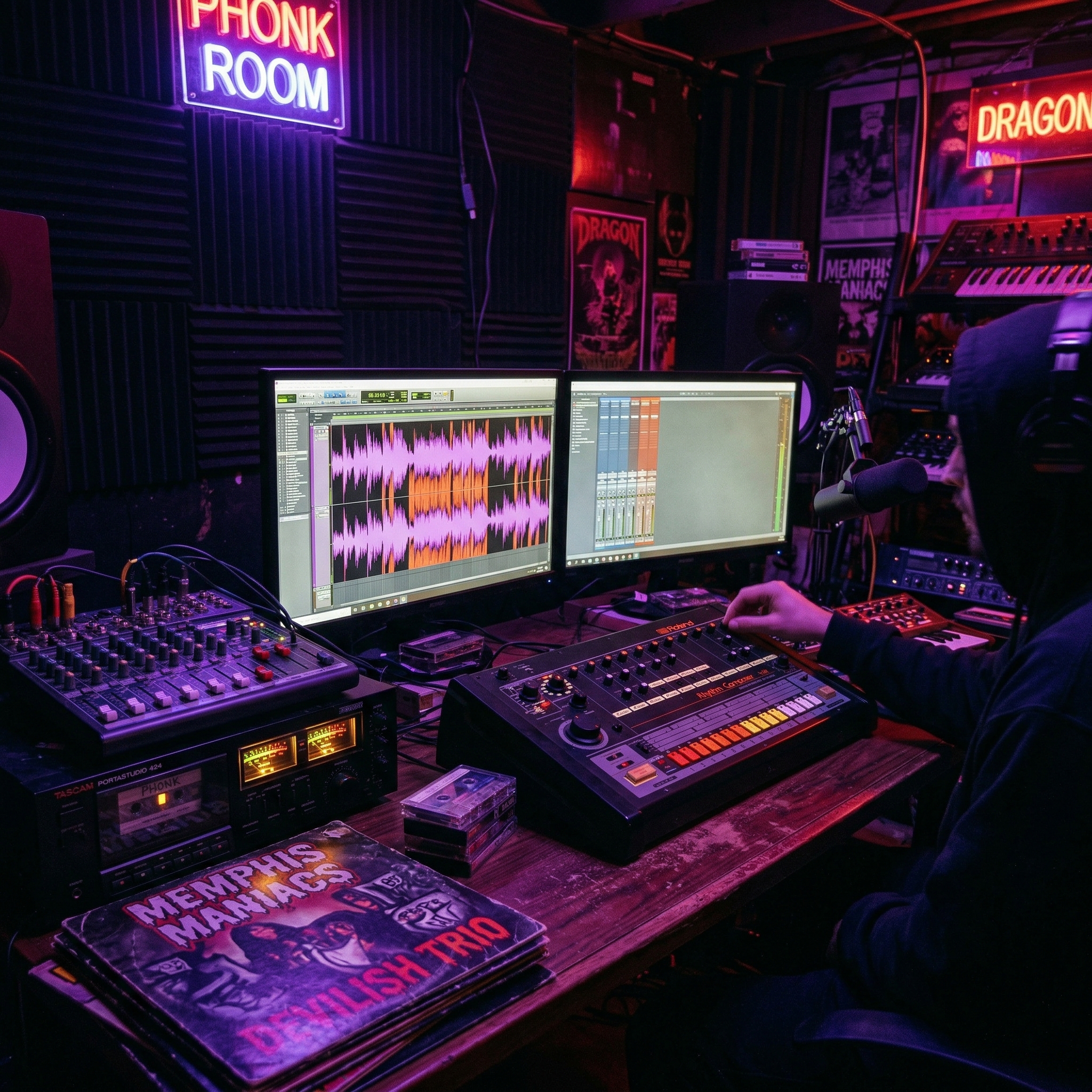 Dark studio setup with glowing 808 drum machine and bass-heavy waveforms representing phonk music production