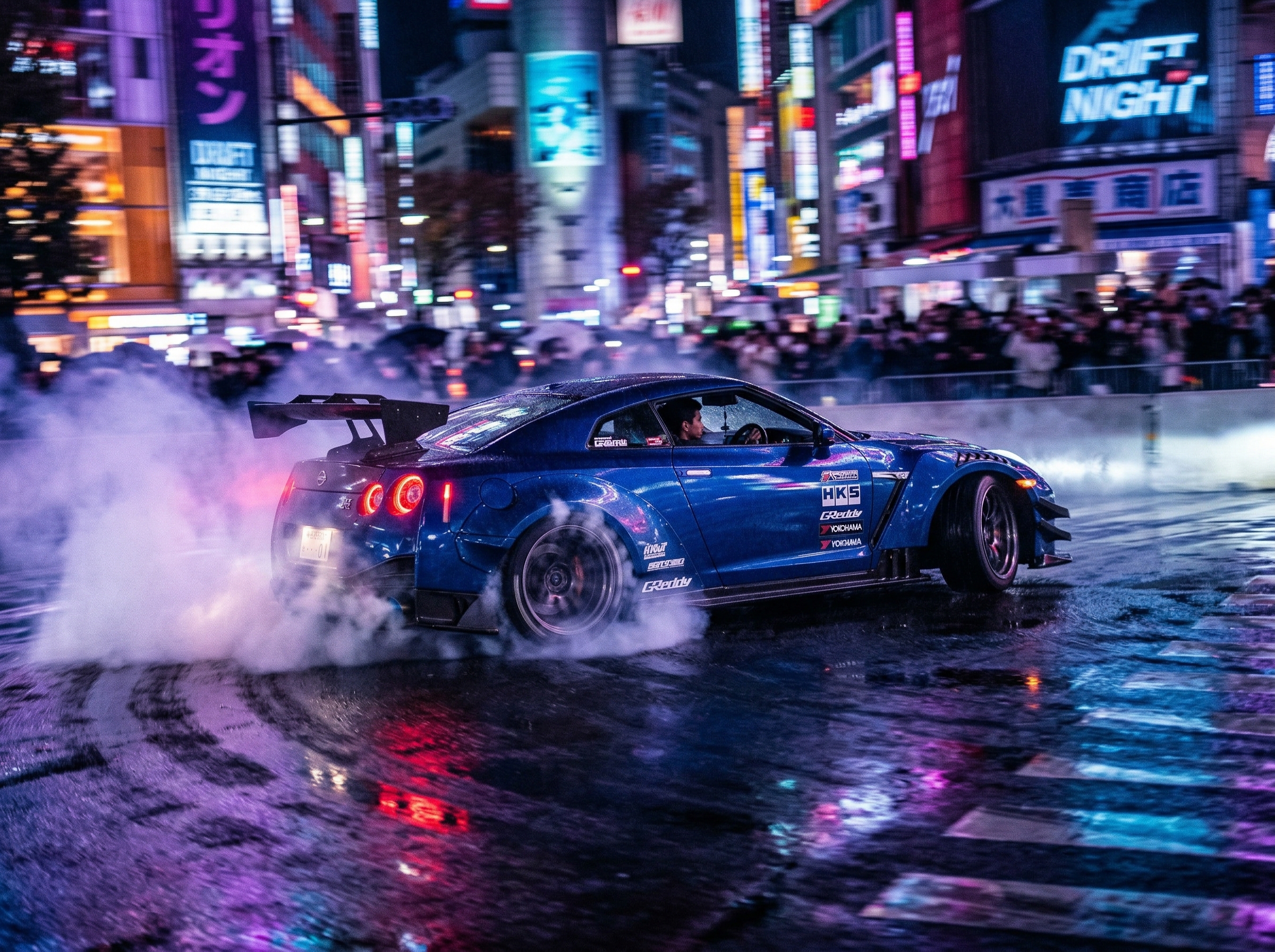 Sports car drifting at night with smoke and neon lights representing phonk drift car culture