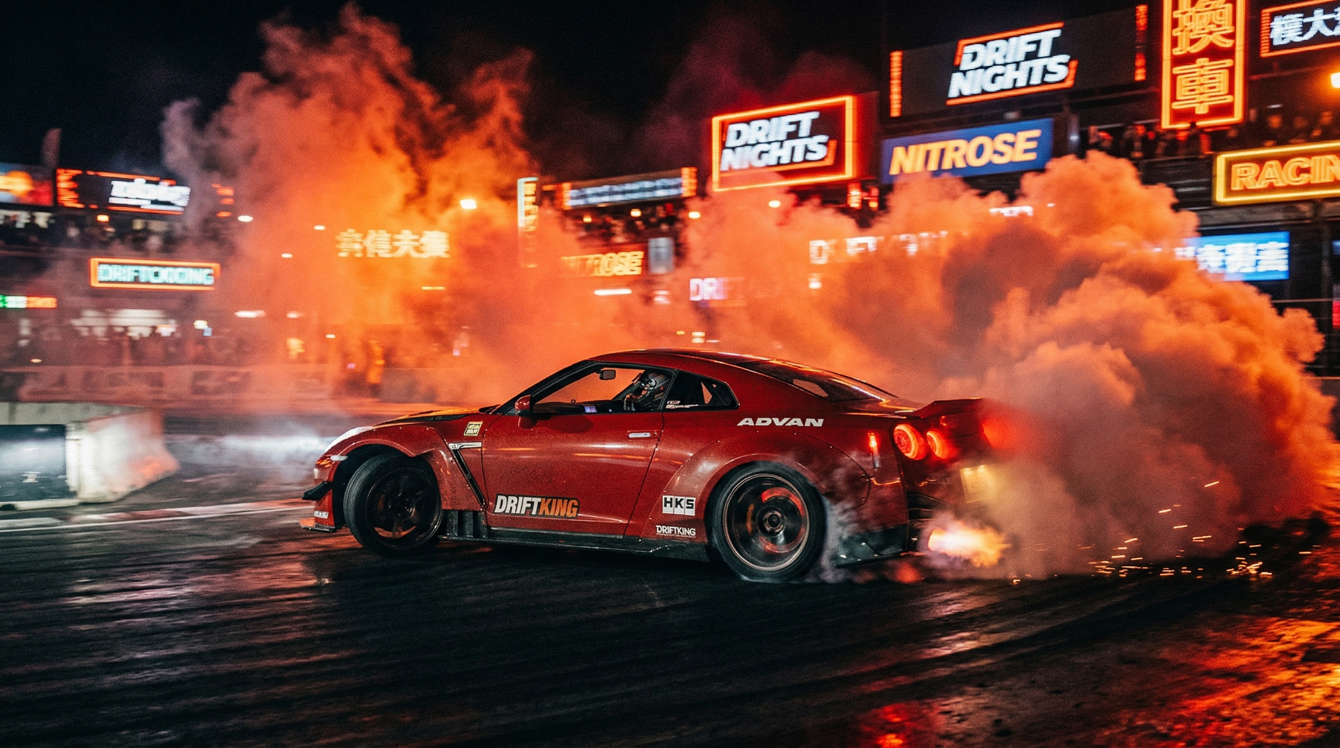 Sports car drifting through smoke with aggressive neon cowbell waveform overlay representing drift phonk