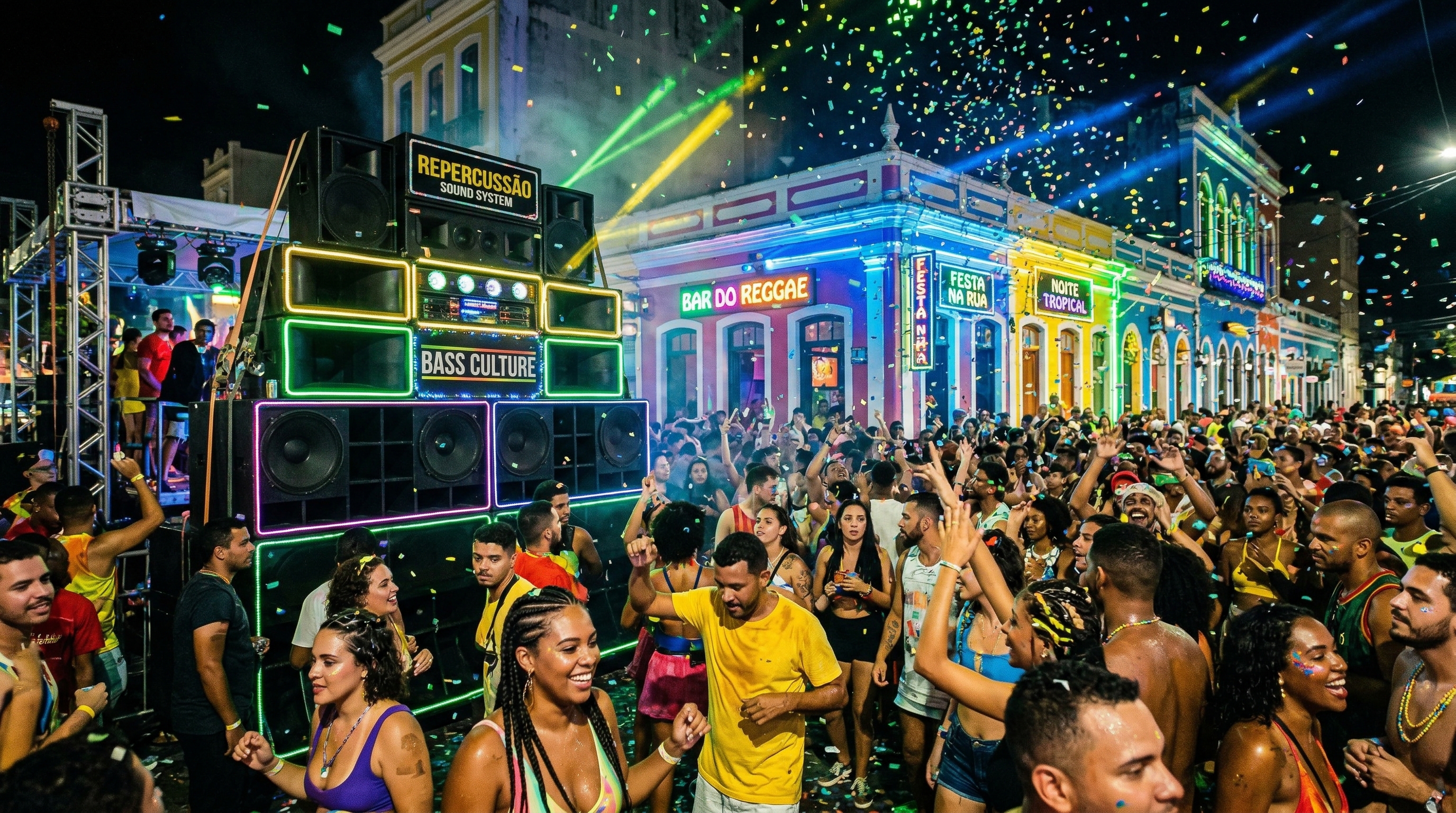 Vibrant Brazilian street party scene with neon lights and bass speaker stacks representing Brazilian phonk