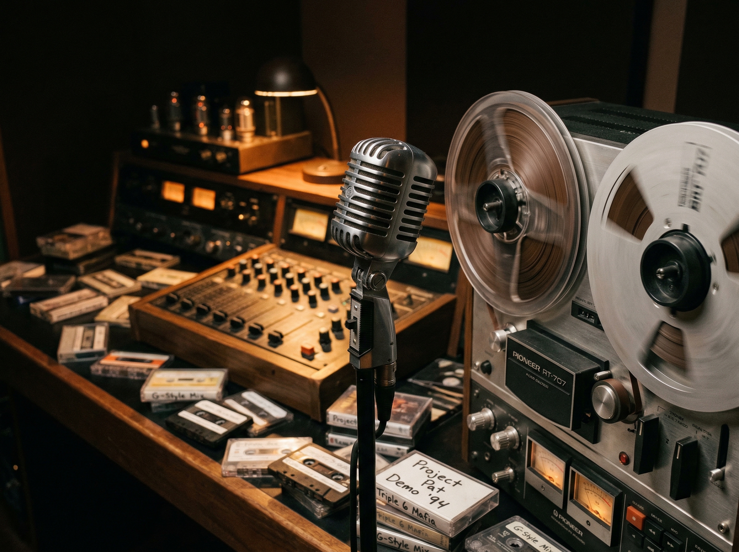 Vintage microphone with tape reel and lo-fi waveform effects representing Memphis phonk vocal textures