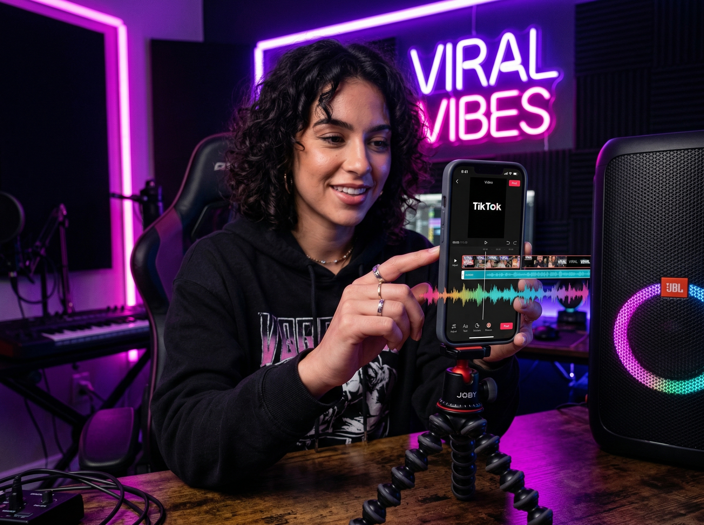 Content creator editing a TikTok video with phonk music playing on a smartphone with neon lighting