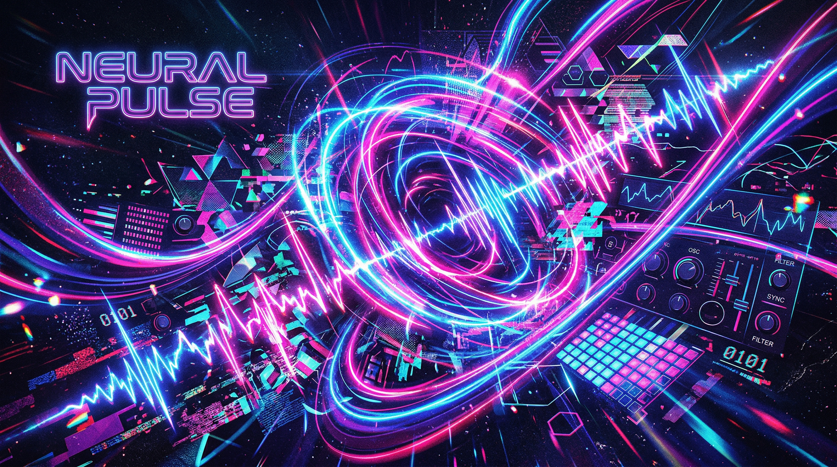 Colorful digital waveforms and synthesizer interface representing electropop production energy