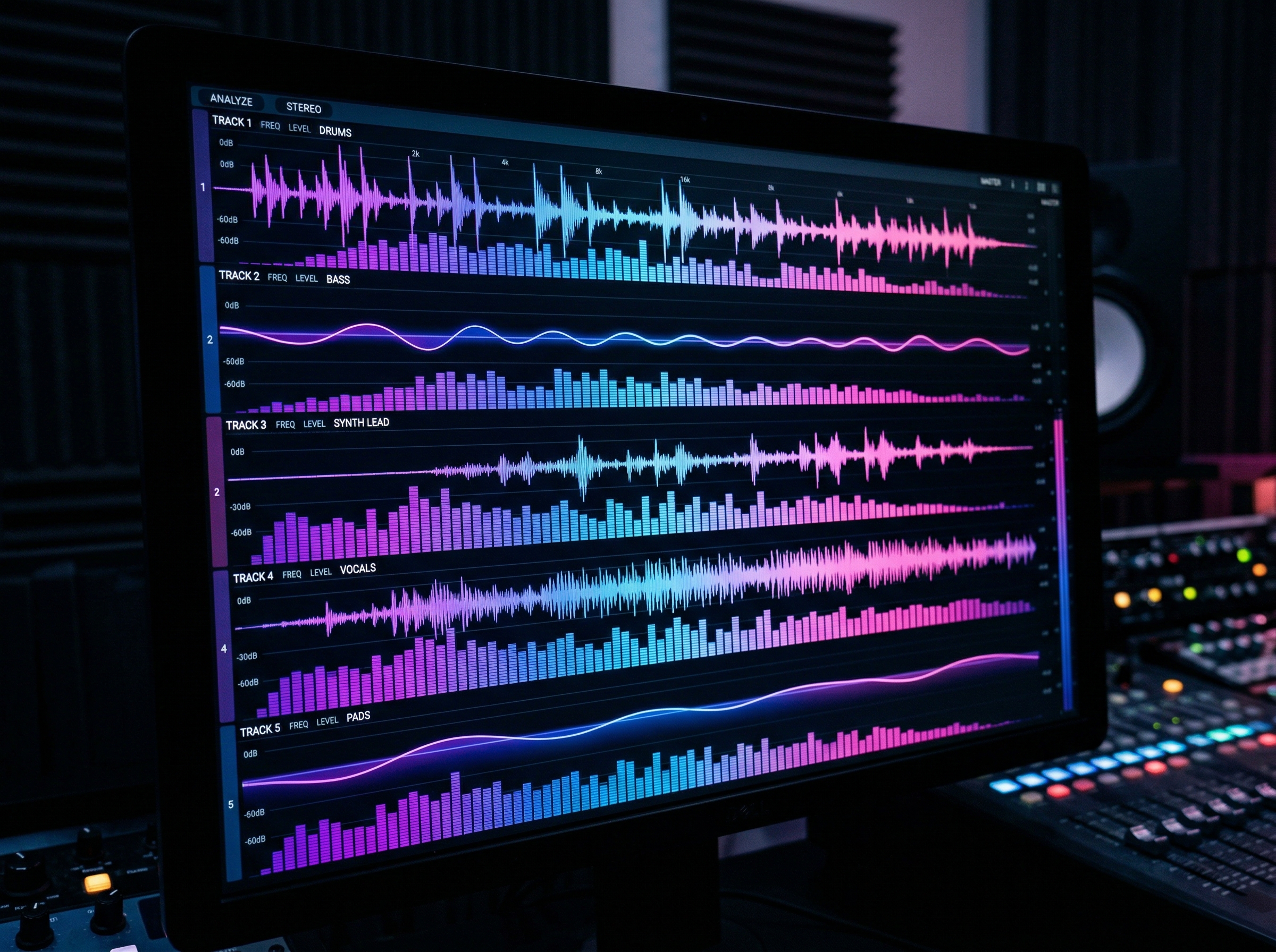 Colorful equalizer display showing different pop music subgenre waveforms side by side