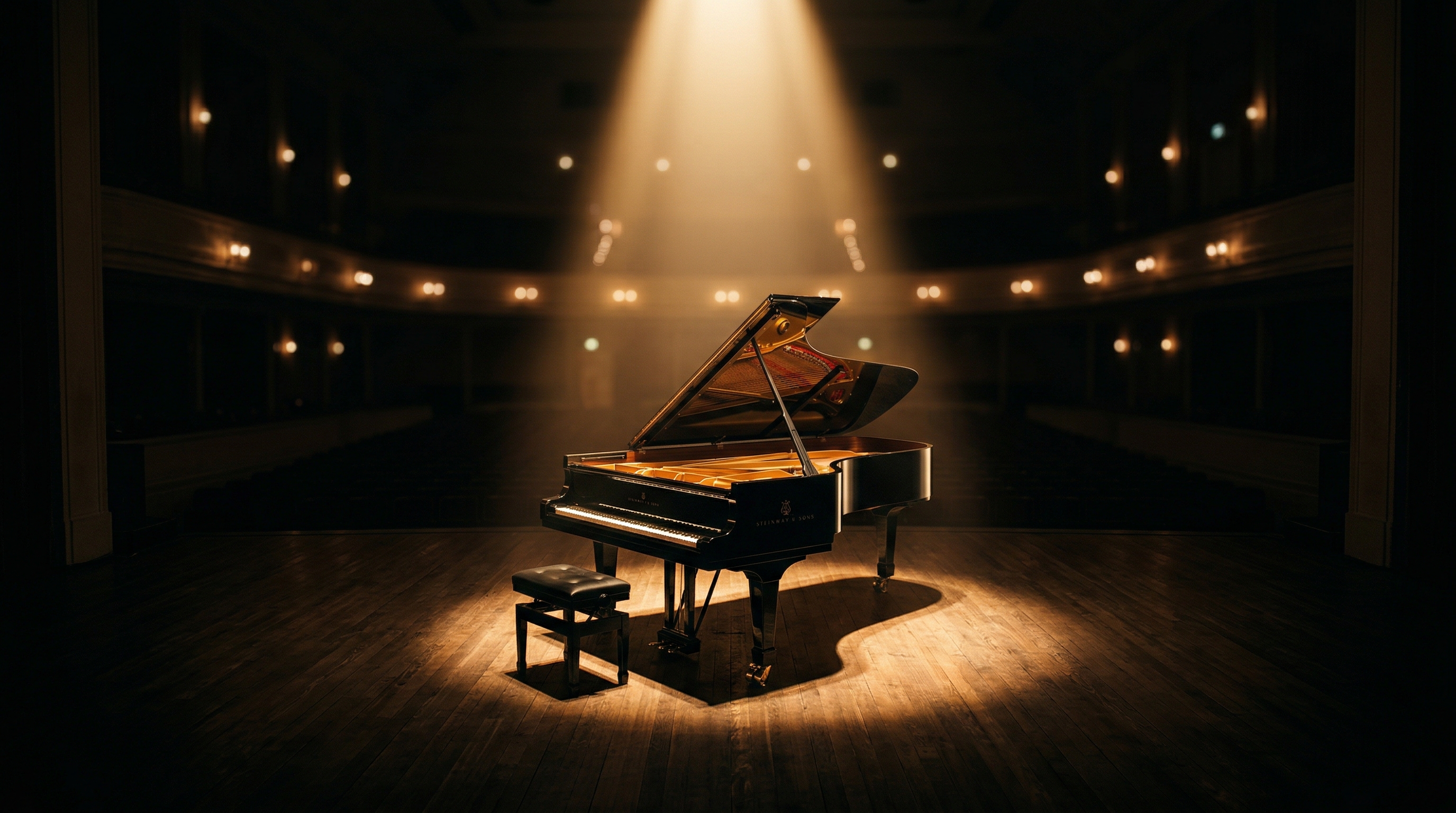 Grand piano on a dimly lit stage with spotlight representing the emotional intimacy of pop ballads