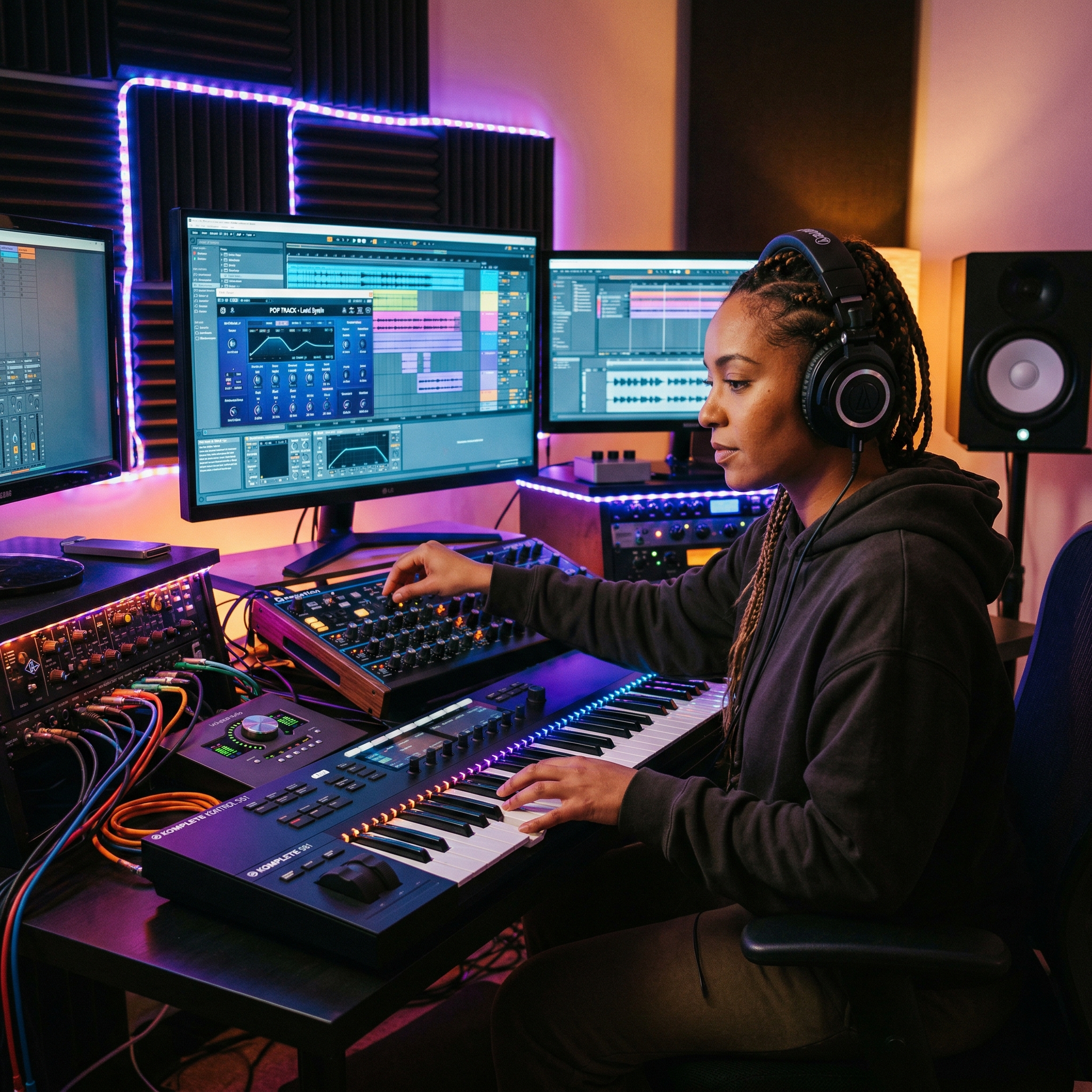 Music producer at a modern studio workstation creating pop music with MemoTune AI Pop Music Generator