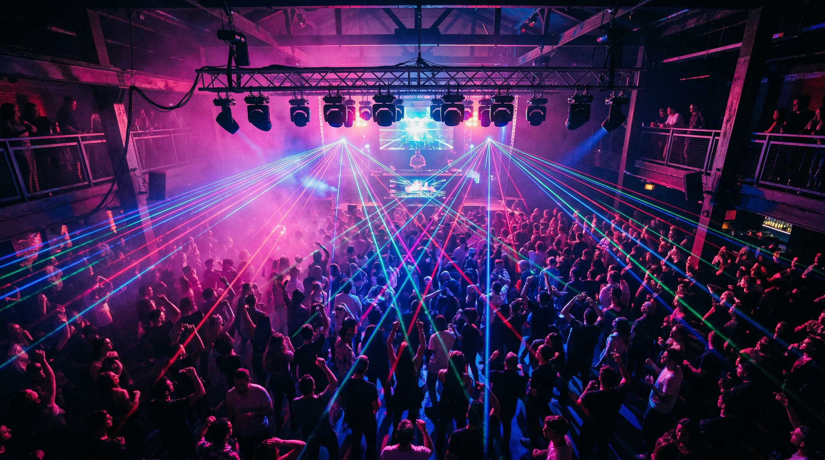 Neon-lit dance floor with colorful laser lights representing upbeat dance pop energy