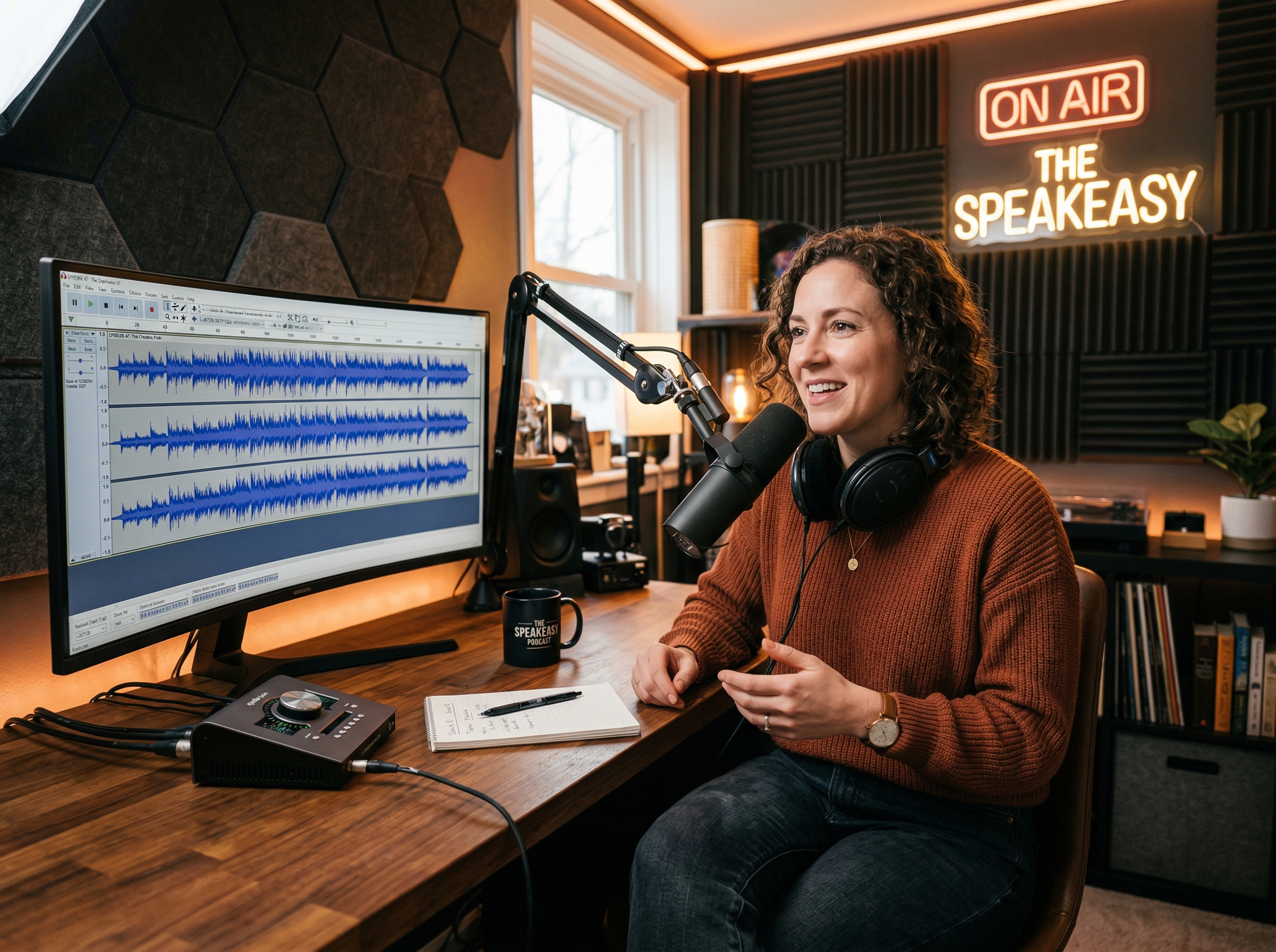 Podcaster at a microphone with pop music waveform visible on monitor screen