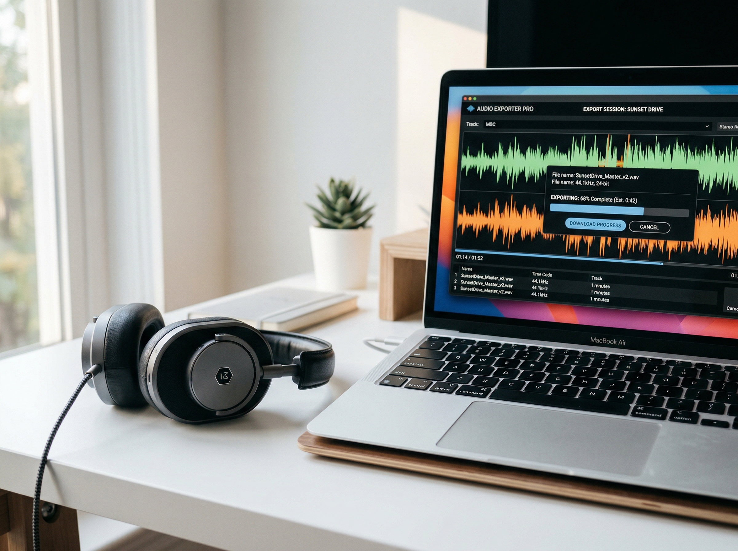 Headphones next to a laptop displaying audio export options for pop music tracks