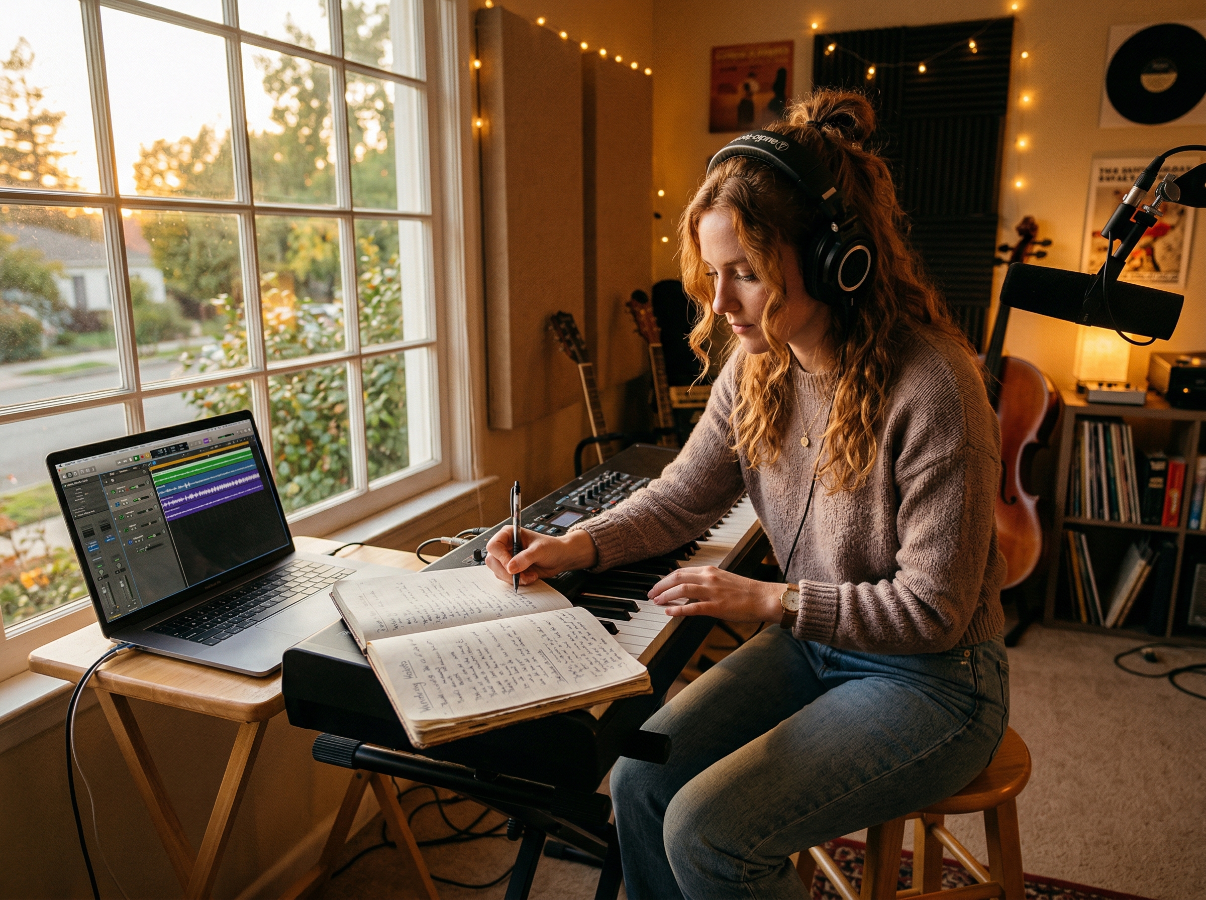 Songwriter at a keyboard with headphones working on a pop song demo