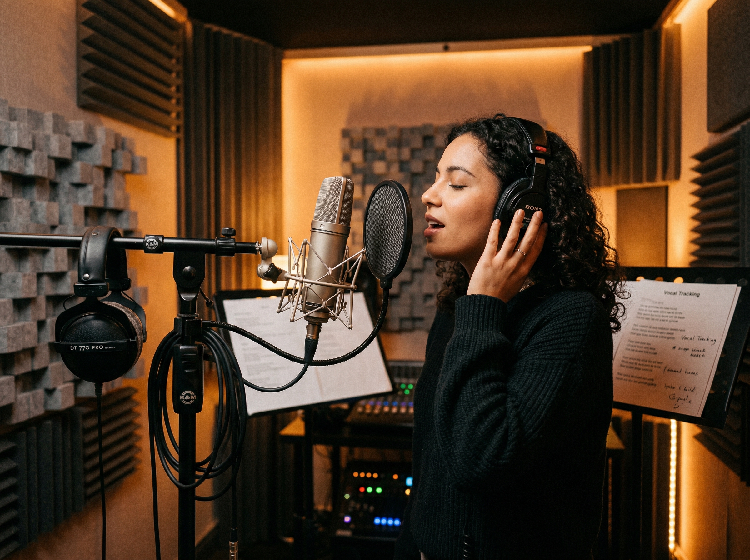 Studio vocal recording setup with microphone and pop filter for professional pop vocals