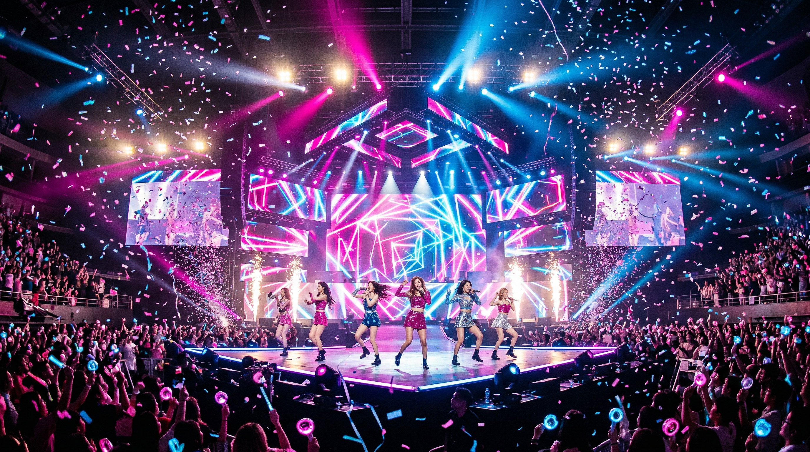 Vibrant stage with colorful lights and dynamic choreography energy representing K-pop performance