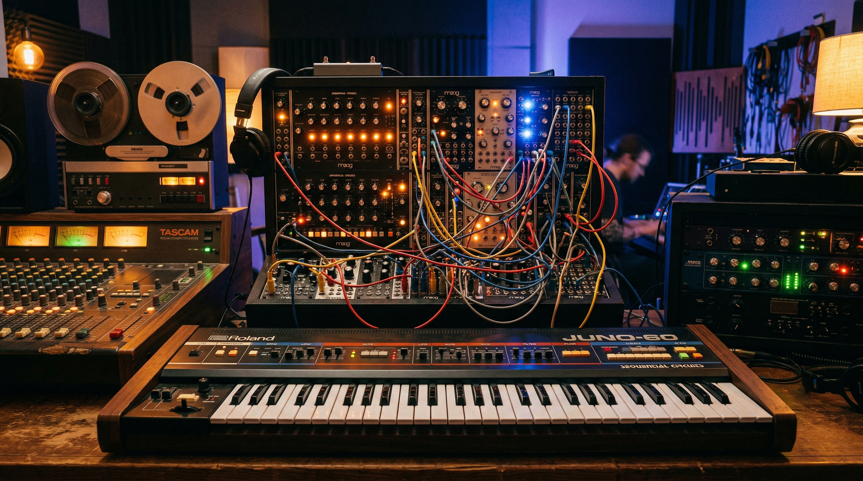 Vintage synthesizer keyboard with glowing LED lights in a retro studio representing synth-pop aesthetics