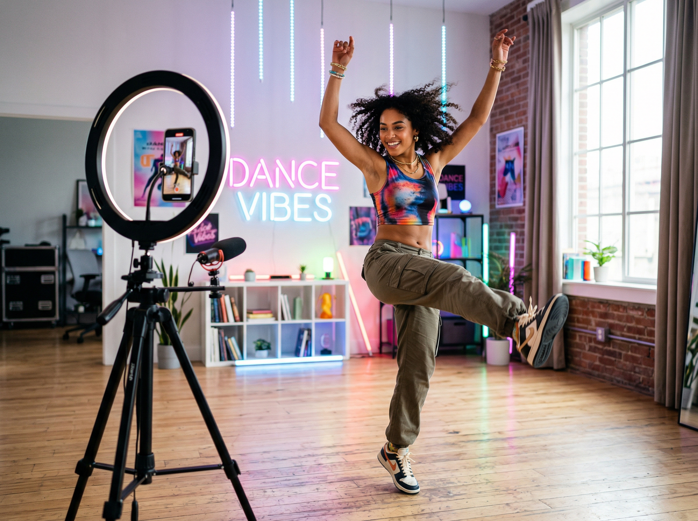 Content creator filming a social media reel with pop music playing from a smartphone