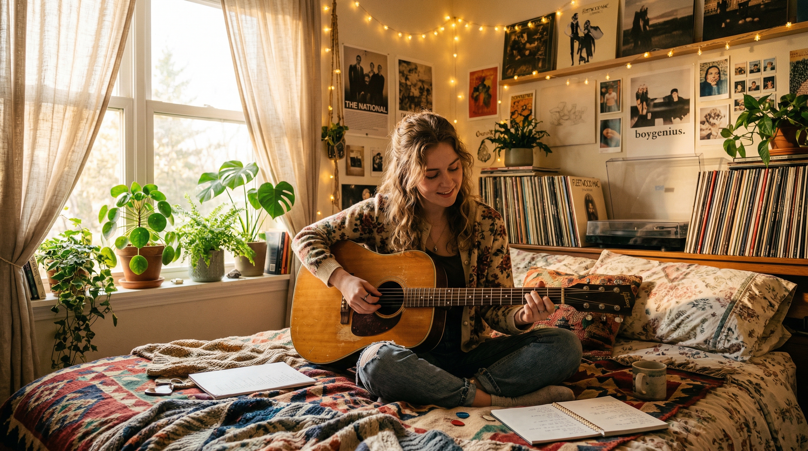 Musician with an acoustic guitar in a cozy bedroom studio representing indie pop DIY aesthetic