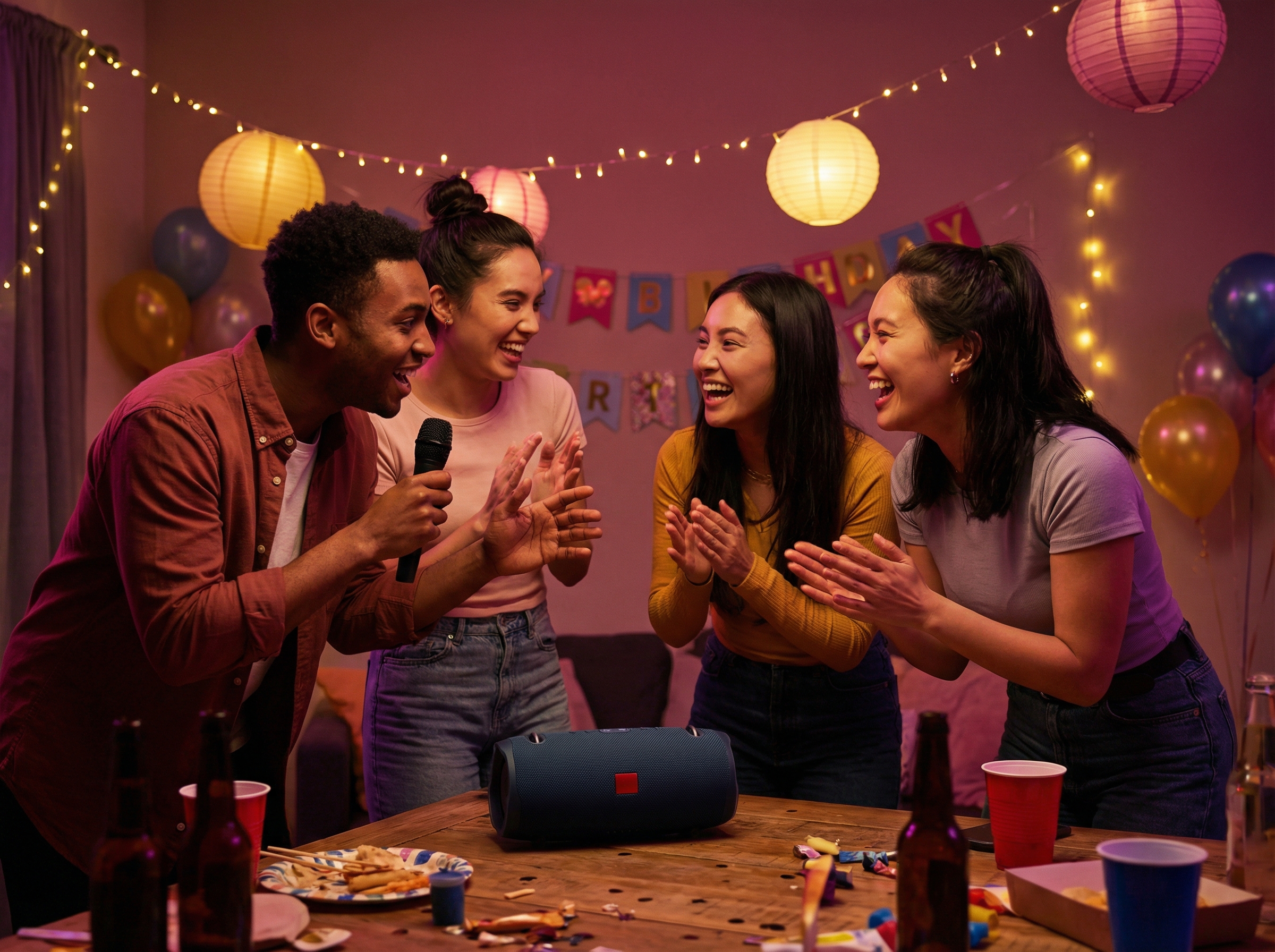 Friends gathered at a house party listening to a custom AI-generated rap song