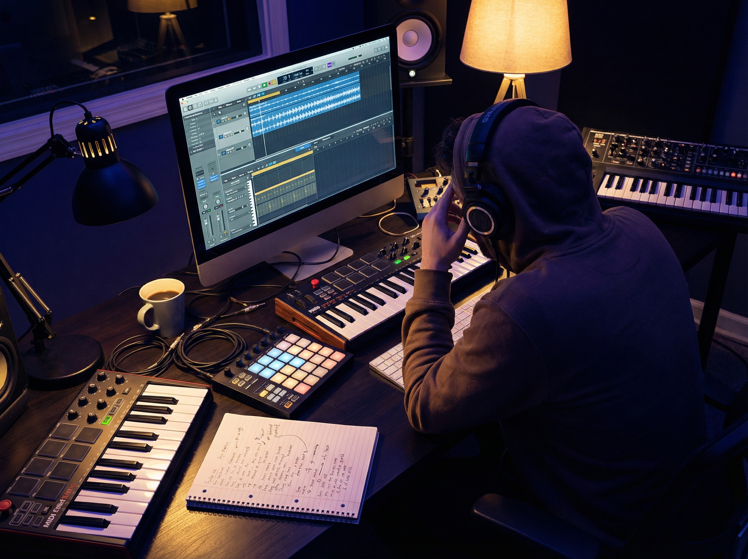 Music producer at a DAW workstation using MemoTune's free AI rap lyrics generator to create a rap track