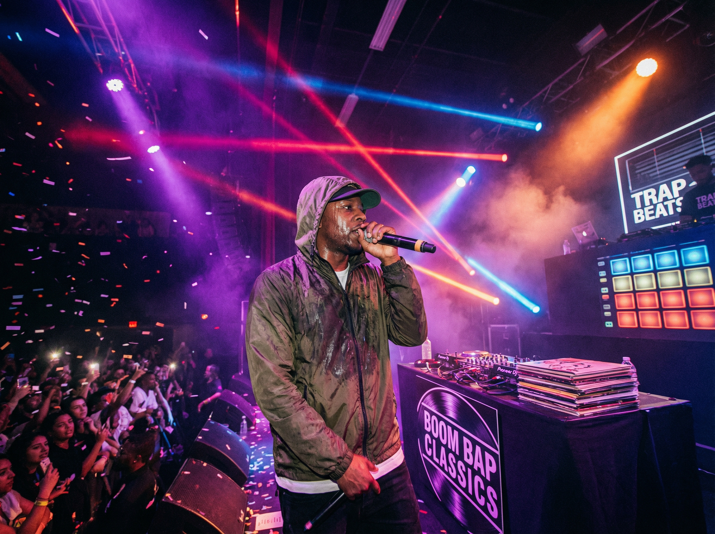 Rapper performing on stage with colorful spotlights representing multiple rap styles