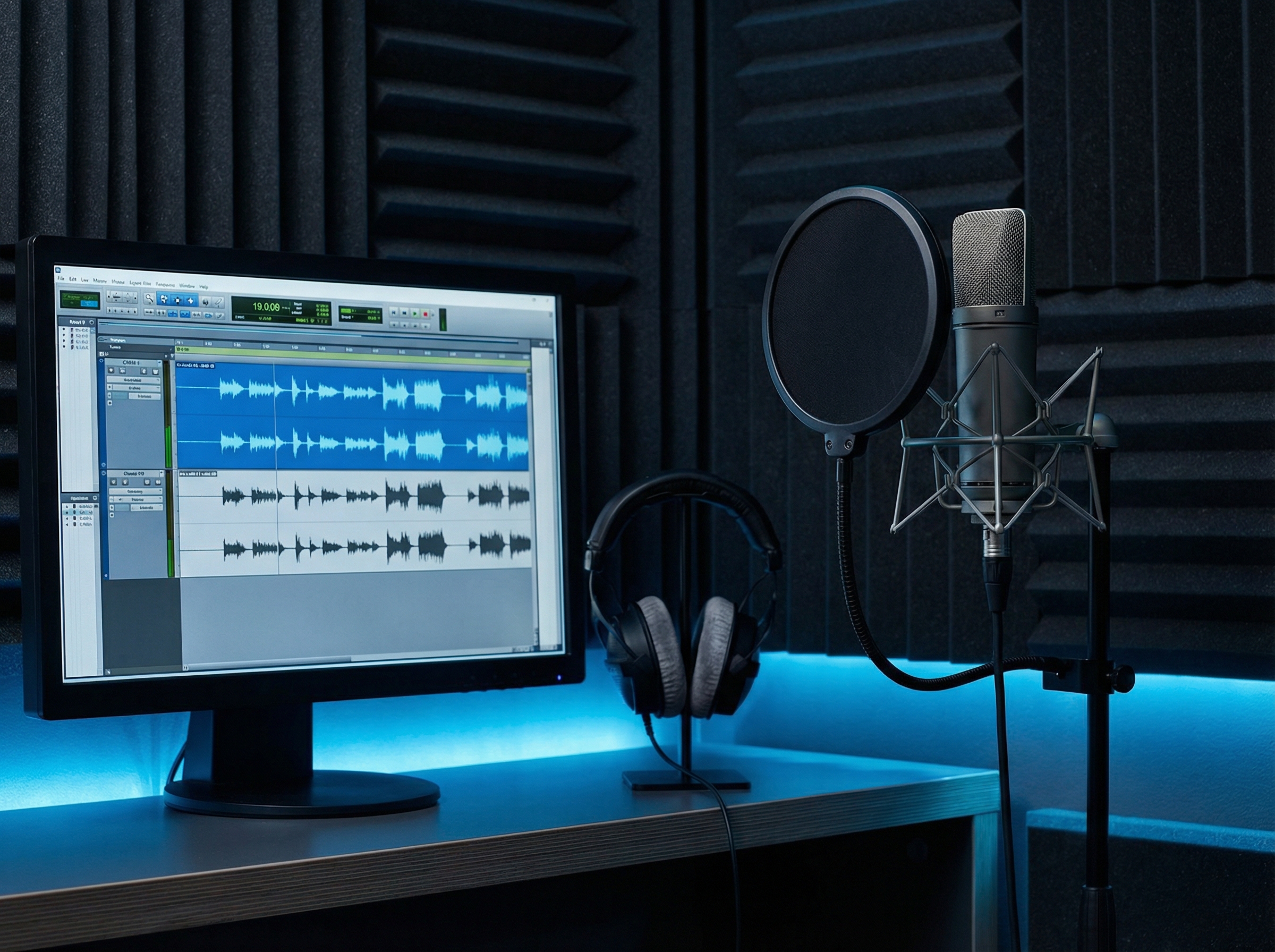 Studio microphone with pop filter next to computer screen showing synchronized vocal and beat waveforms