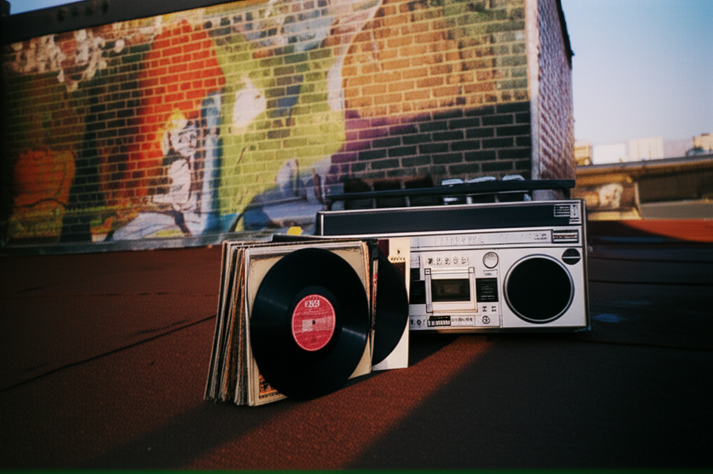 Vinyl records and a classic boom box on a New York rooftop representing Old School hip-hop