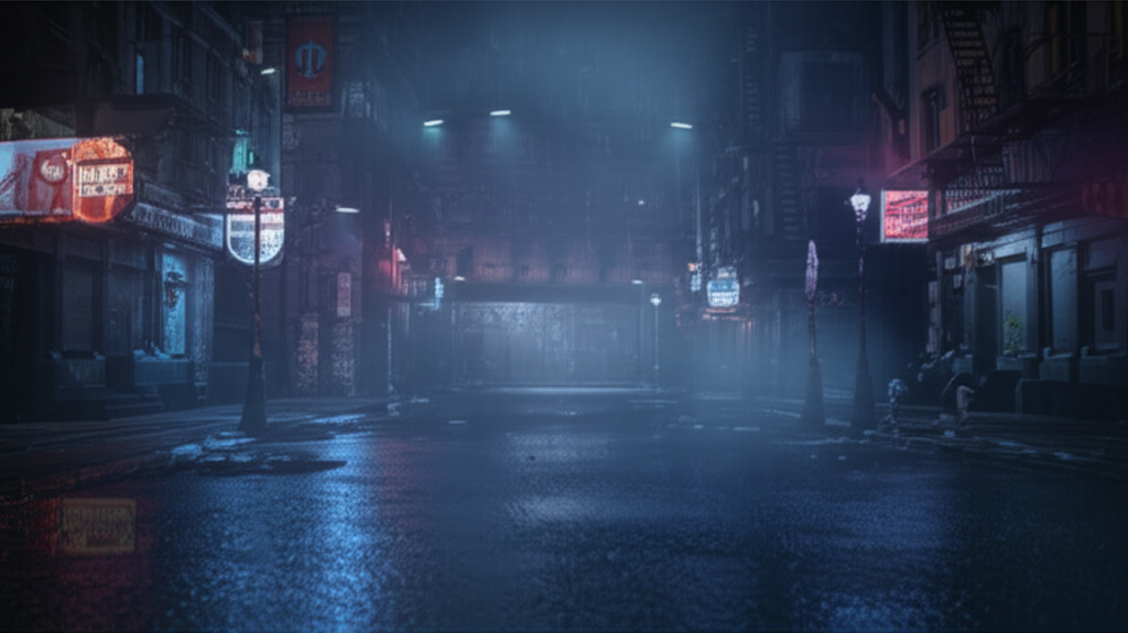 Gritty urban nightscape with rain-slicked streets and neon reflections representing Drill rap