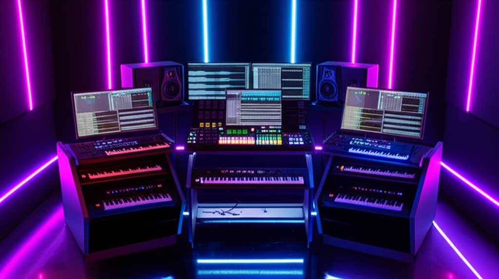 Dark studio with glowing 808 drum machine and neon lights representing Trap music production