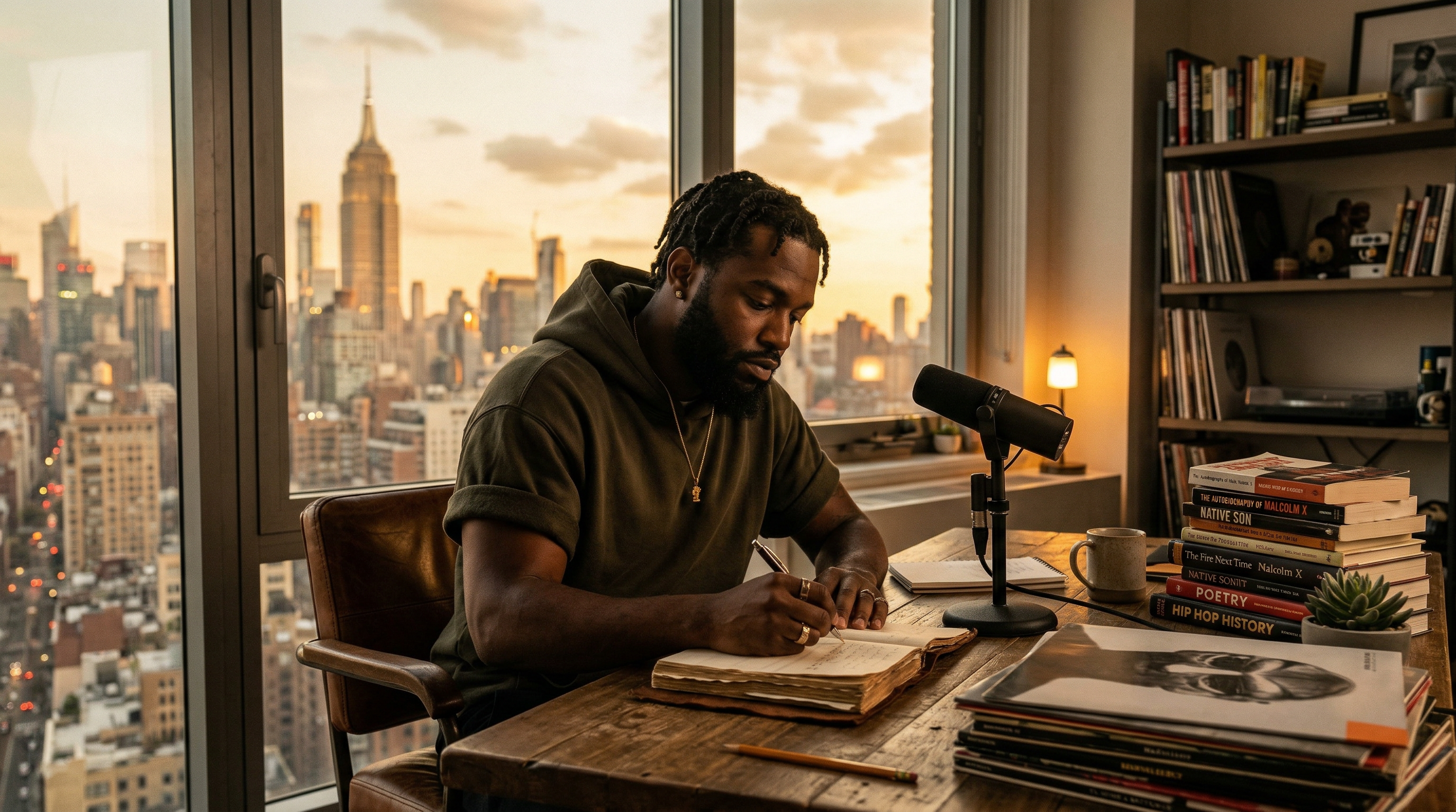 Thoughtful rapper writing socially conscious lyrics in a journal with city skyline in background