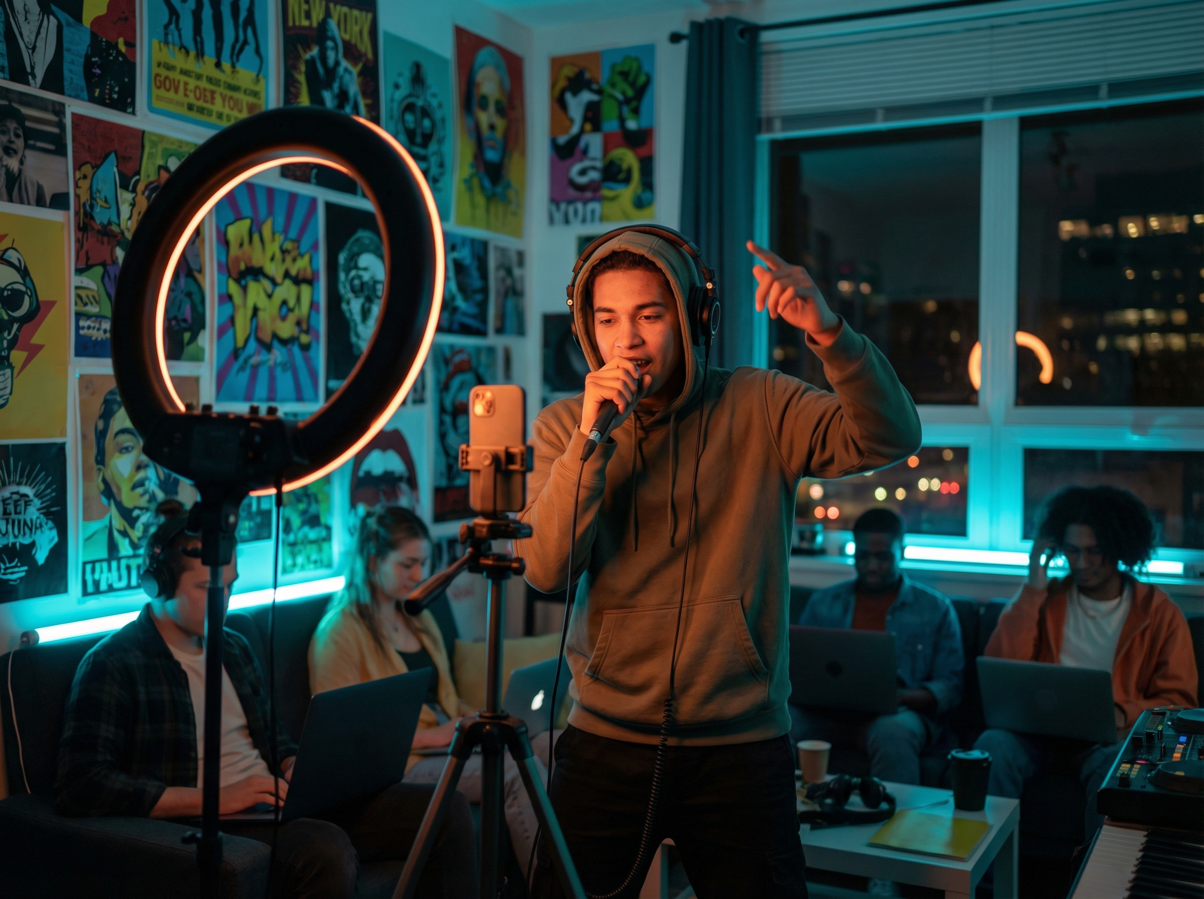 Content creator recording a rap video on smartphone with ring light using AI-generated rap lyrics