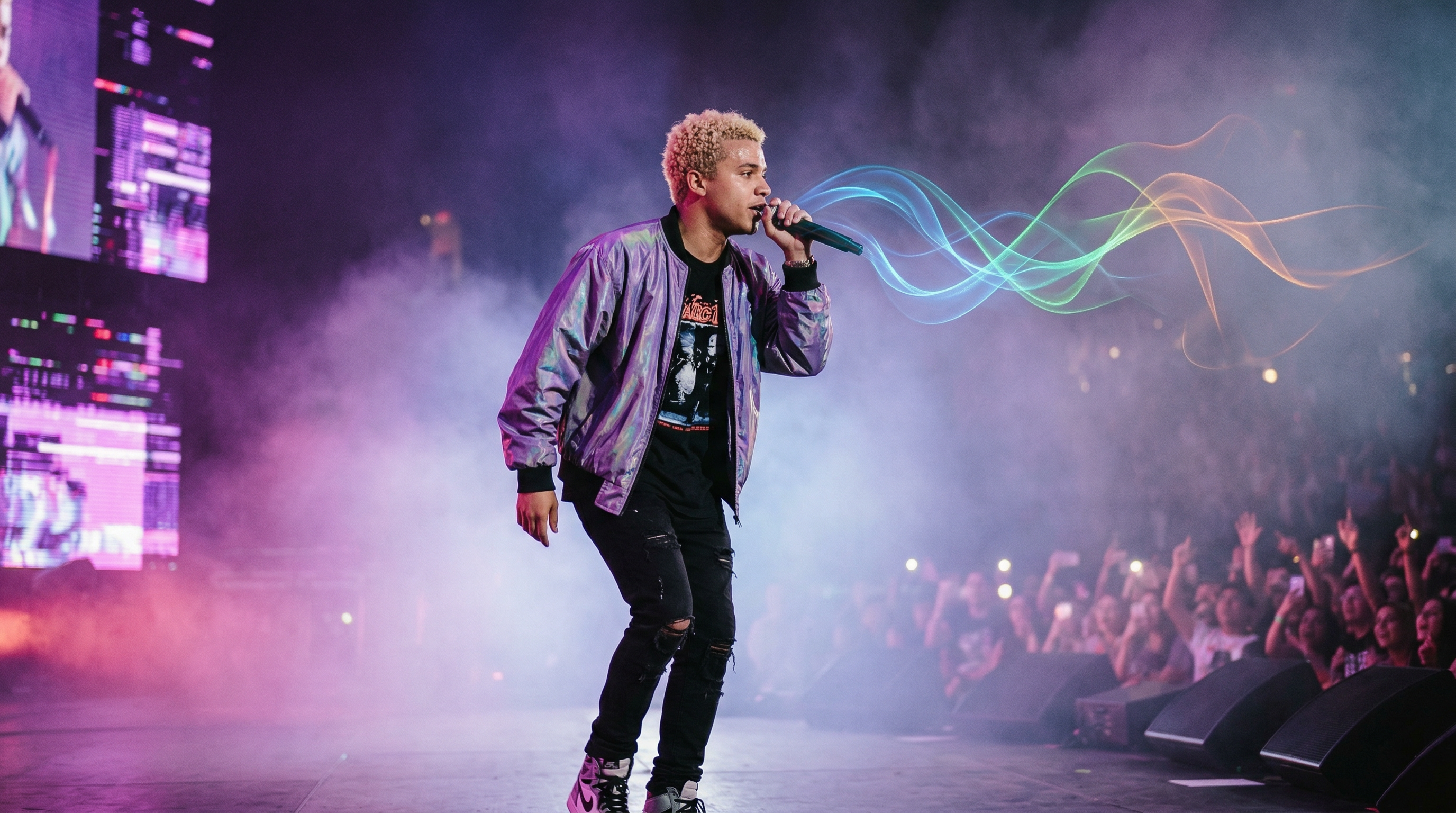 Artist performing with Auto-Tune vocal effects and atmospheric stage lighting representing Mumble Rap