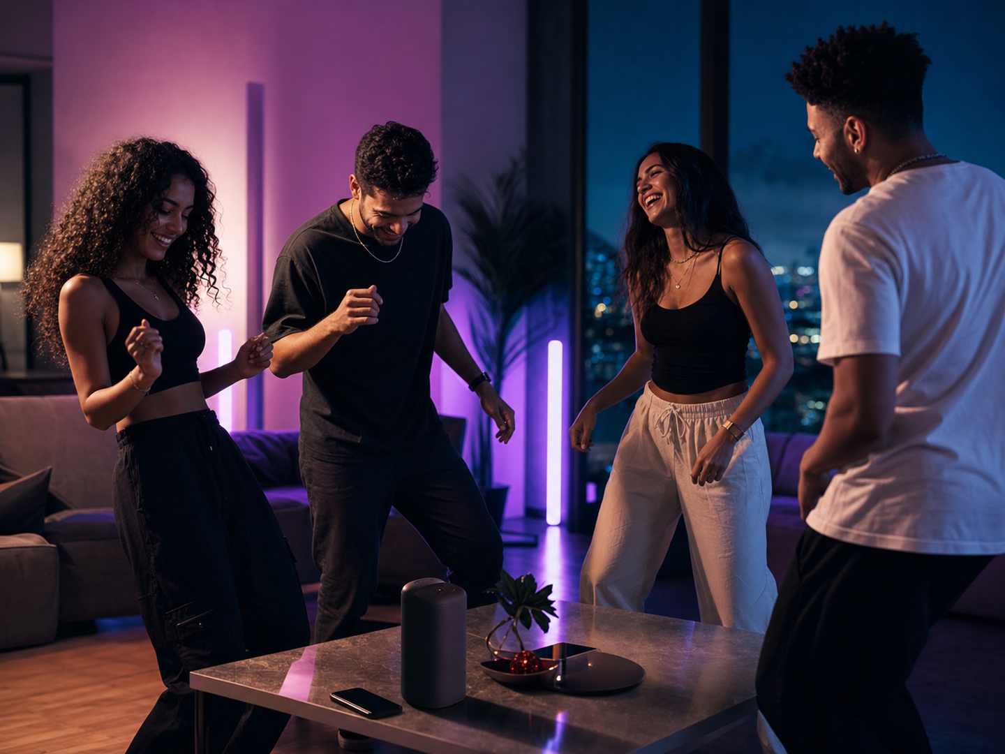 Friends dancing to a custom reggaeton track at a house party