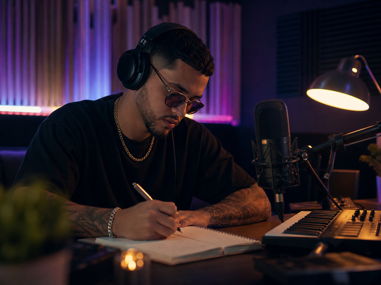 Latin artist sketching reggaeton hooks in a home studio