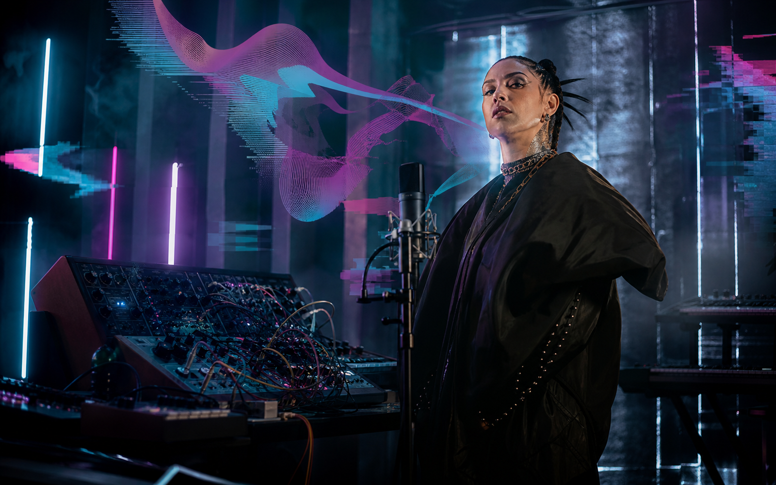 Neoperreo artist in a neon-lit experimental club setting