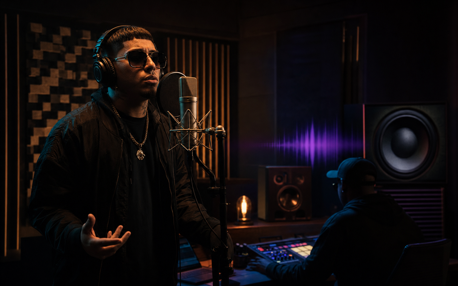 Trap latino artist recording in a dark studio with 808 bass