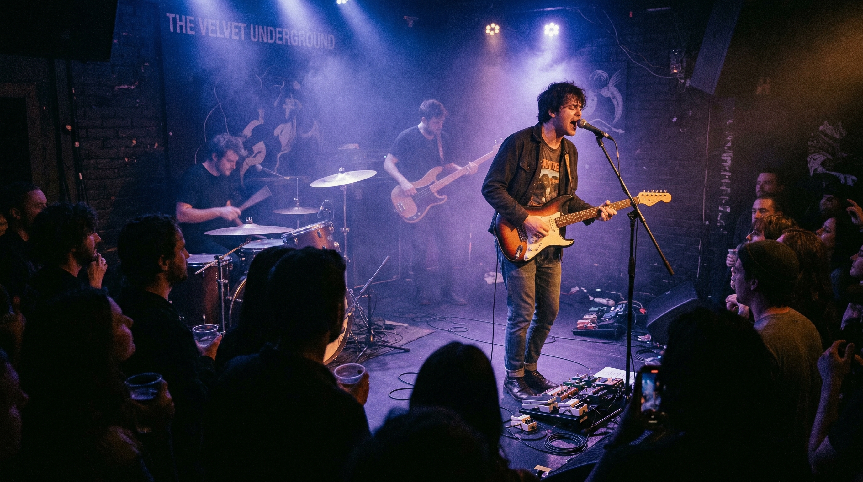 Atmospheric indie venue with moody lighting and alternative rock band performing experimental set