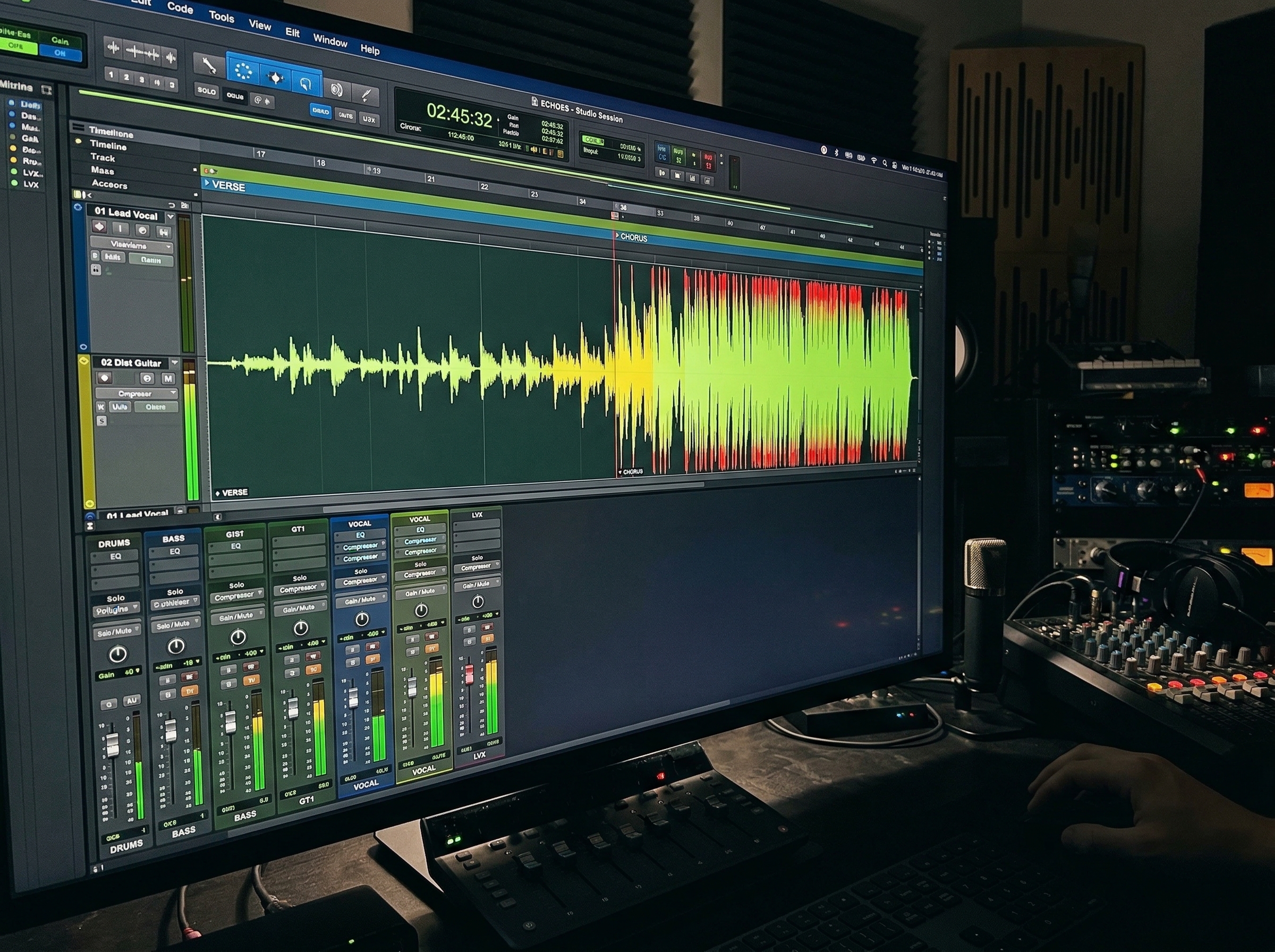 Audio waveform showing dynamic contrast between quiet verse and loud chorus in a rock track