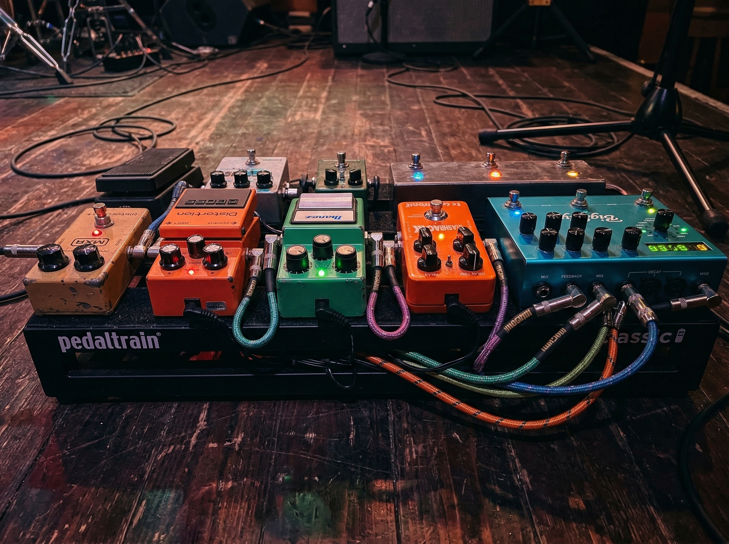 Close-up of an electric guitar with effects pedal chain for rock music production