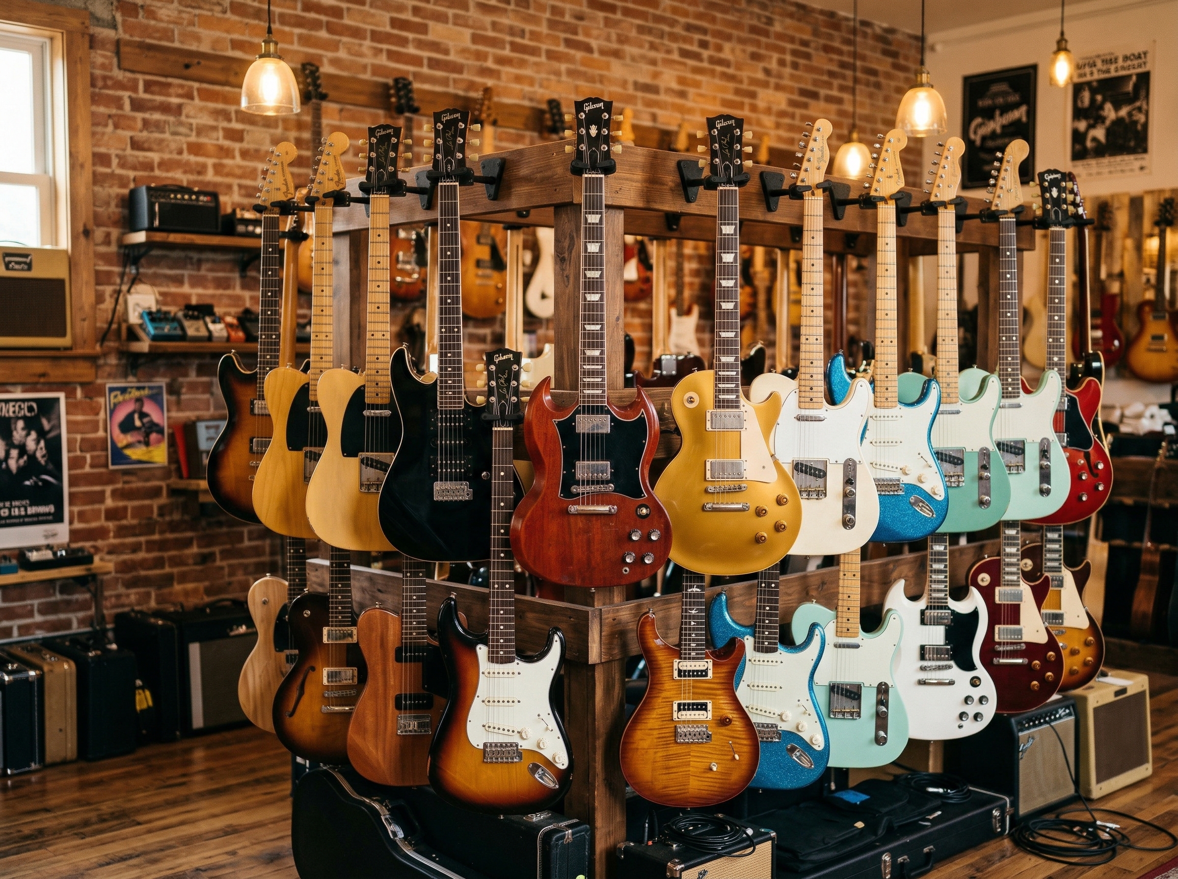 Collection of electric guitars representing different rock subgenre tones from clean to distorted