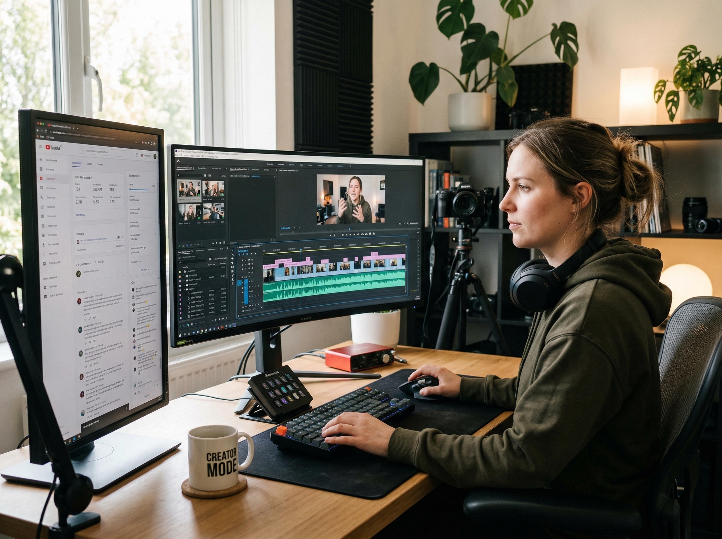Content creator editing a video project with rock music waveforms visible in the editing timeline