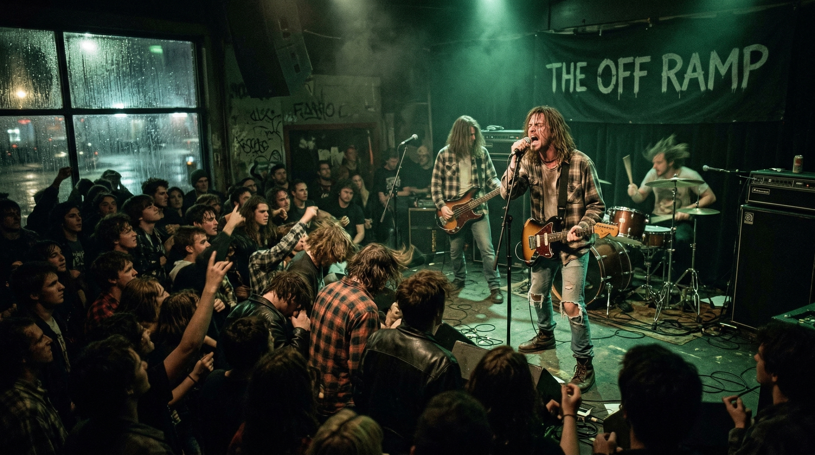 Dark Seattle-style venue with grunge band performing with intense emotional energy and distorted guitars