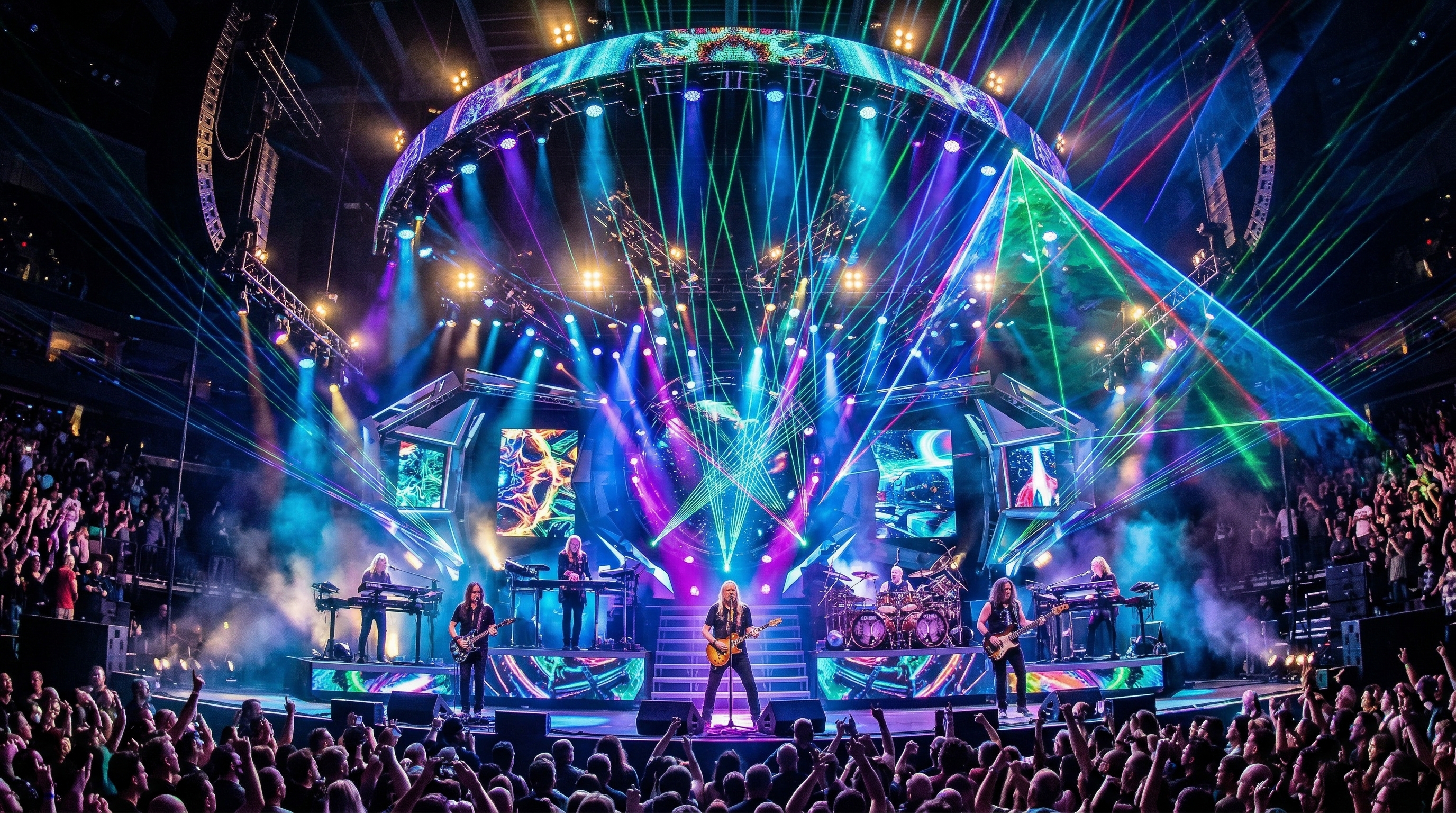 Elaborate progressive rock stage setup with complex lighting and multi-instrument performance