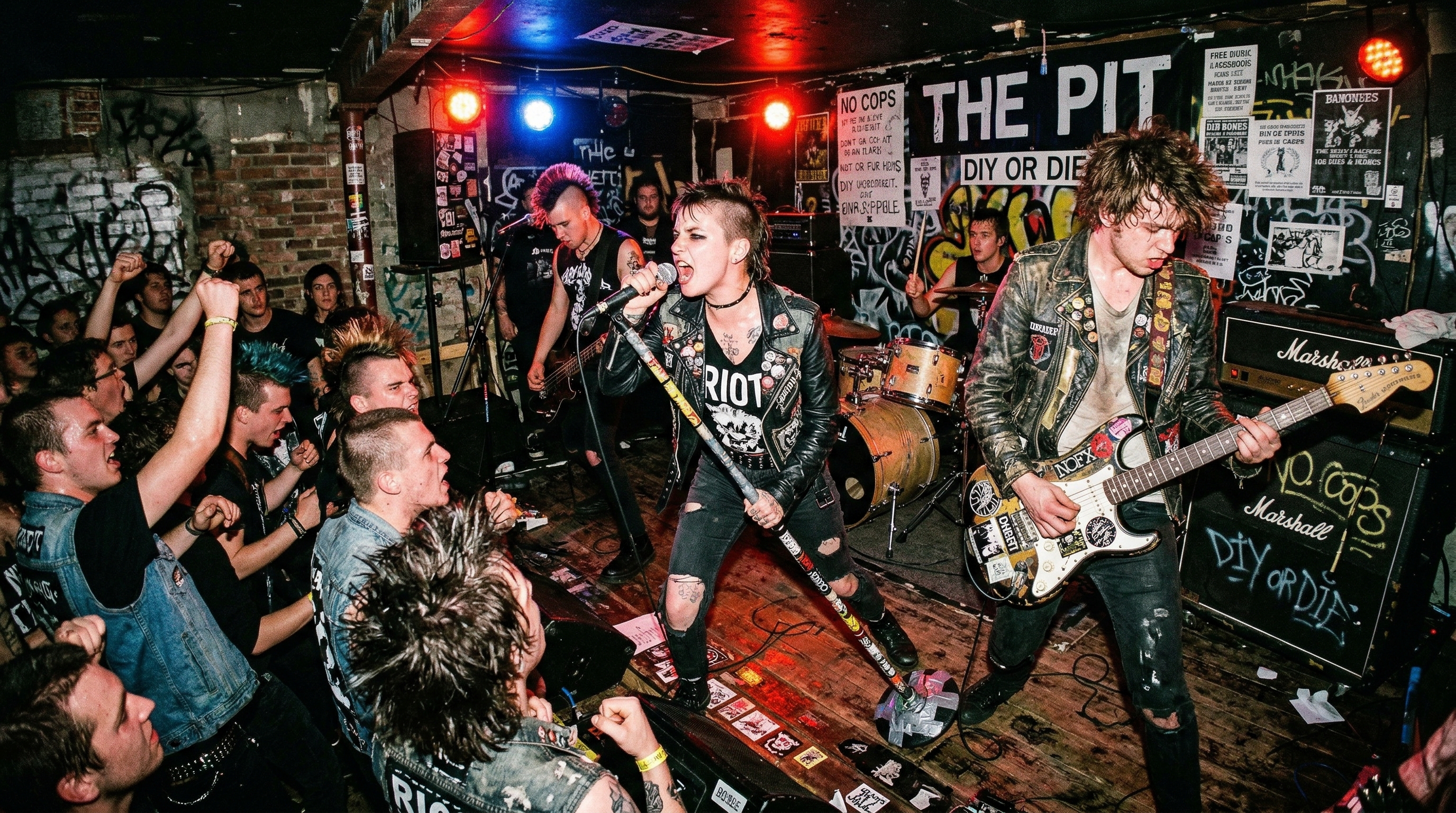 Energetic punk rock show in a small underground club with crowd moshing and stage diving