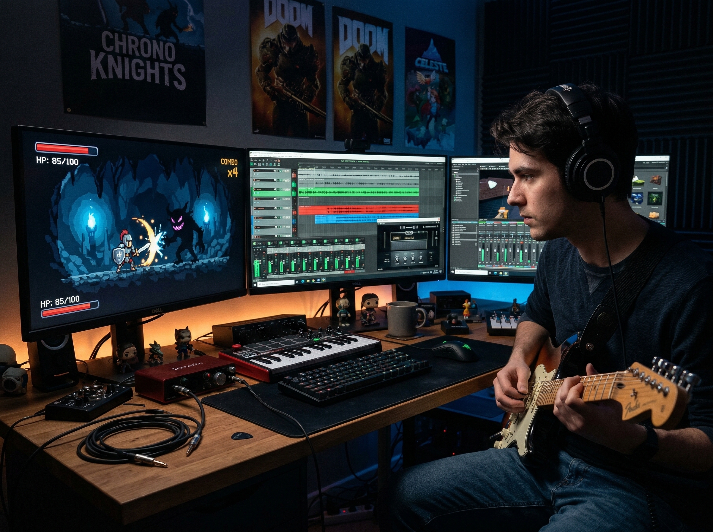 Game developer at a workstation composing rock soundtrack for an indie game project