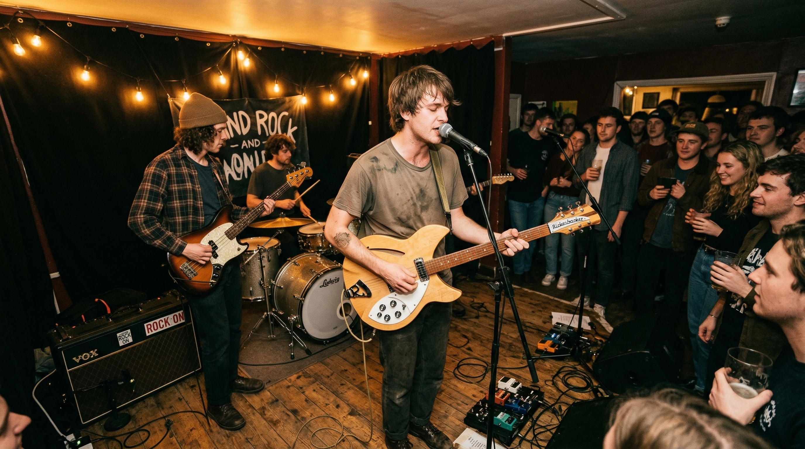 Intimate indie rock show in a cozy venue with jangly guitars and warm vintage aesthetic
