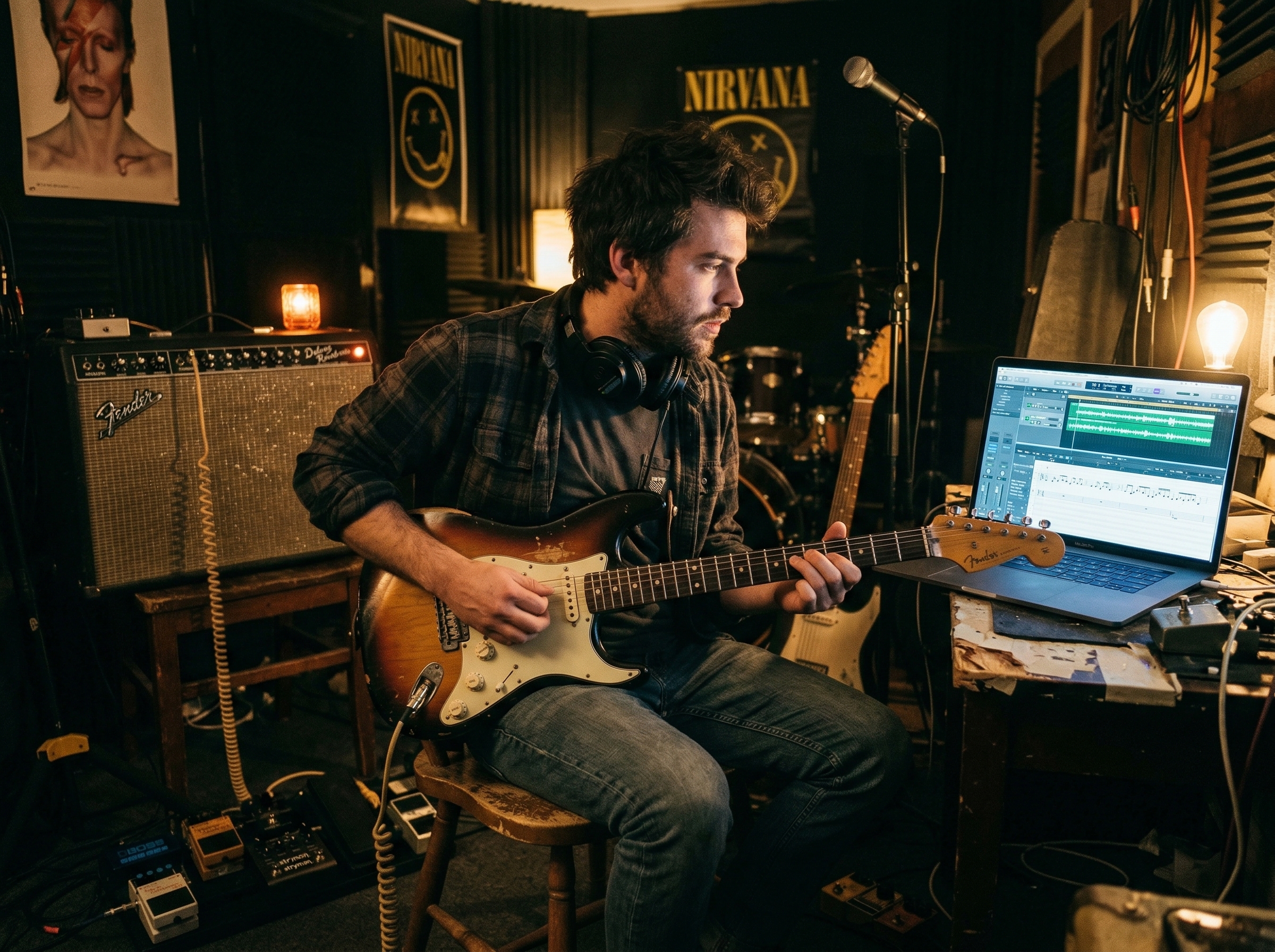 Musician in a rehearsal room reviewing AI-generated rock arrangements on a laptop next to an electric guitar