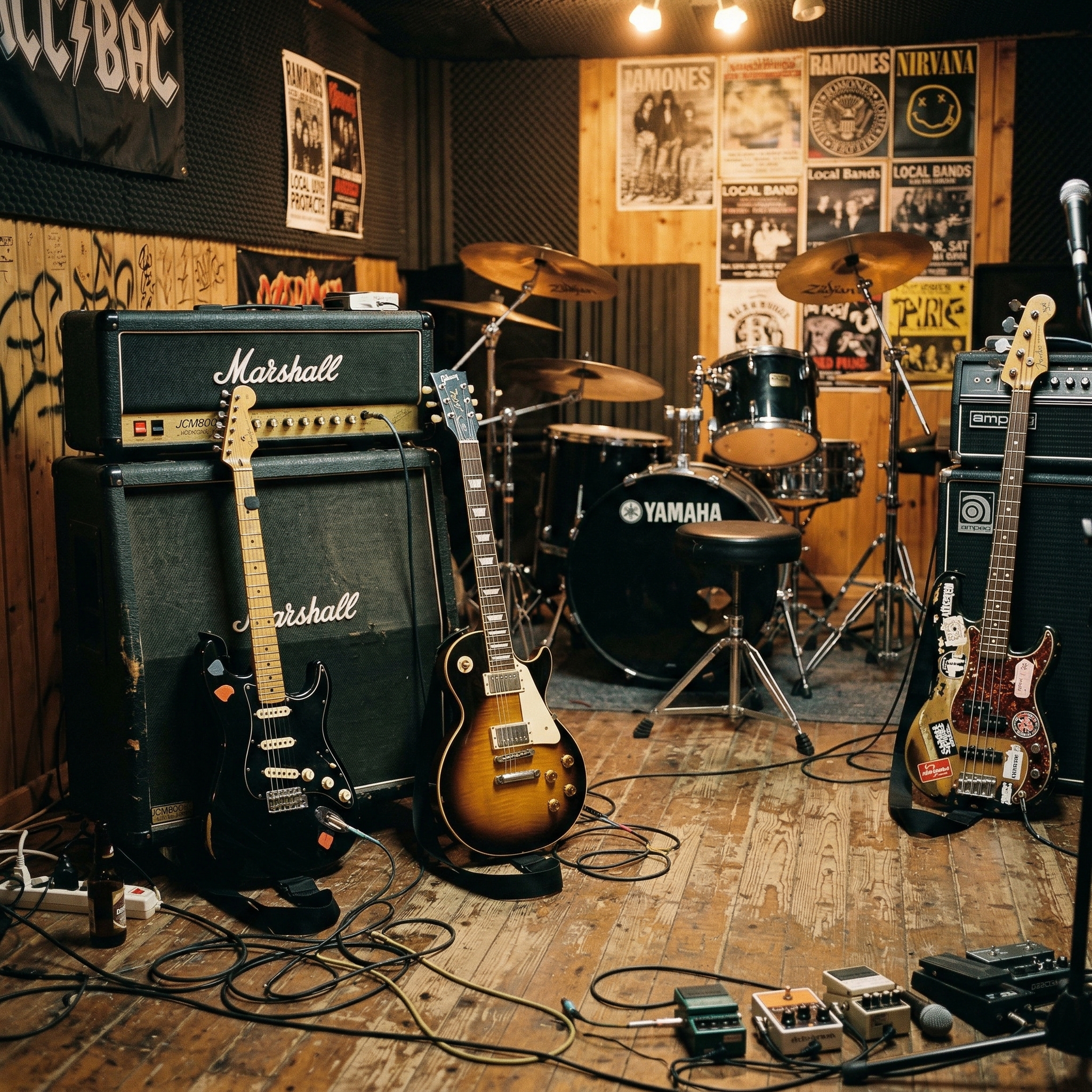 Rock band rehearsal studio with electric guitars, amplifiers, and drum kit ready for AI rock music generation