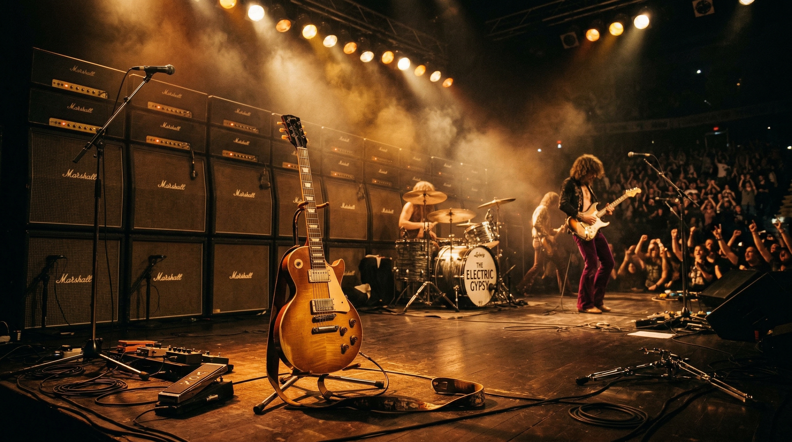 Vintage concert stage with warm lighting and classic rock band performing with guitar solos