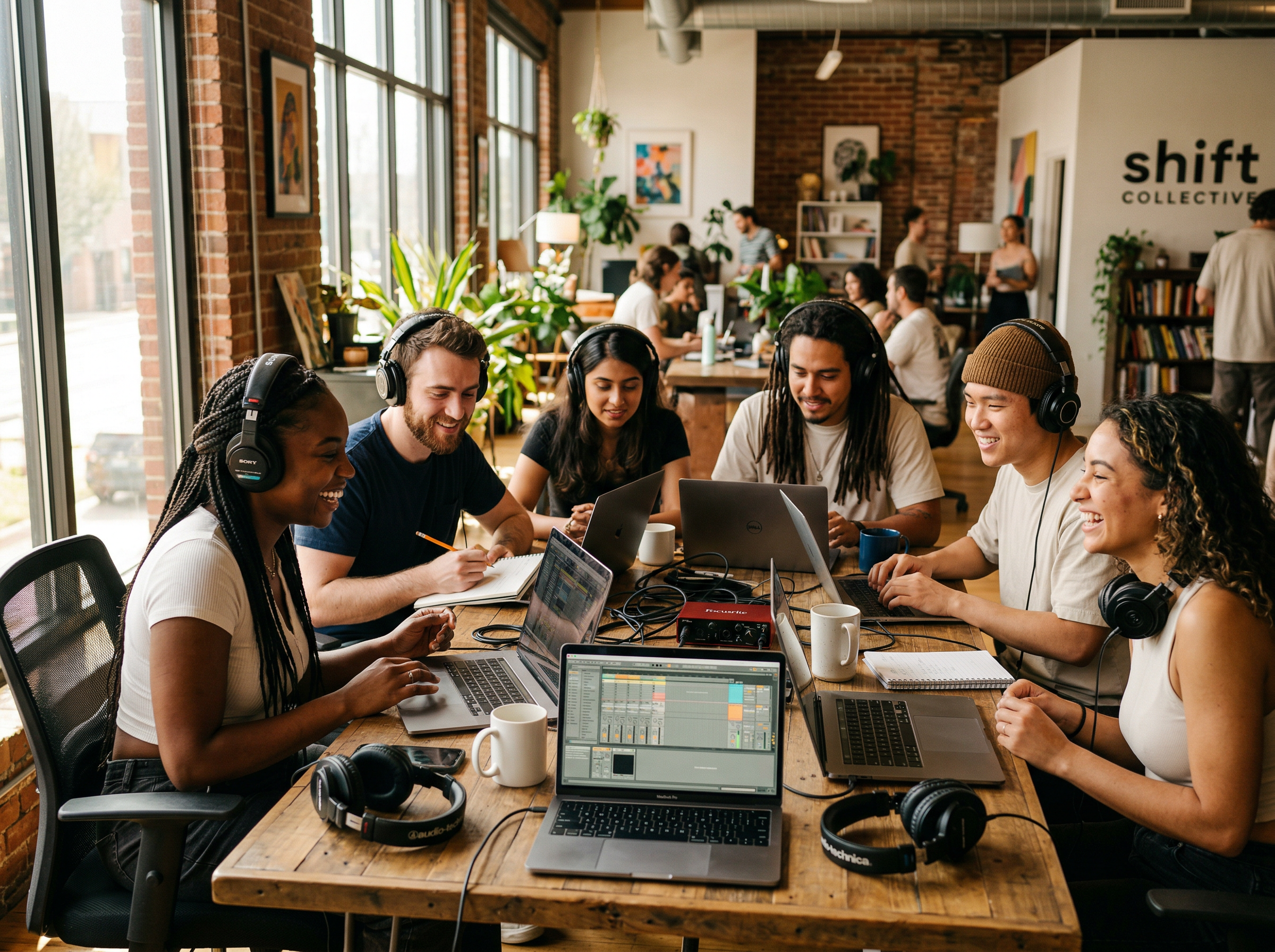 Diverse group of young musicians sharing and listening to music in a creative coworking space