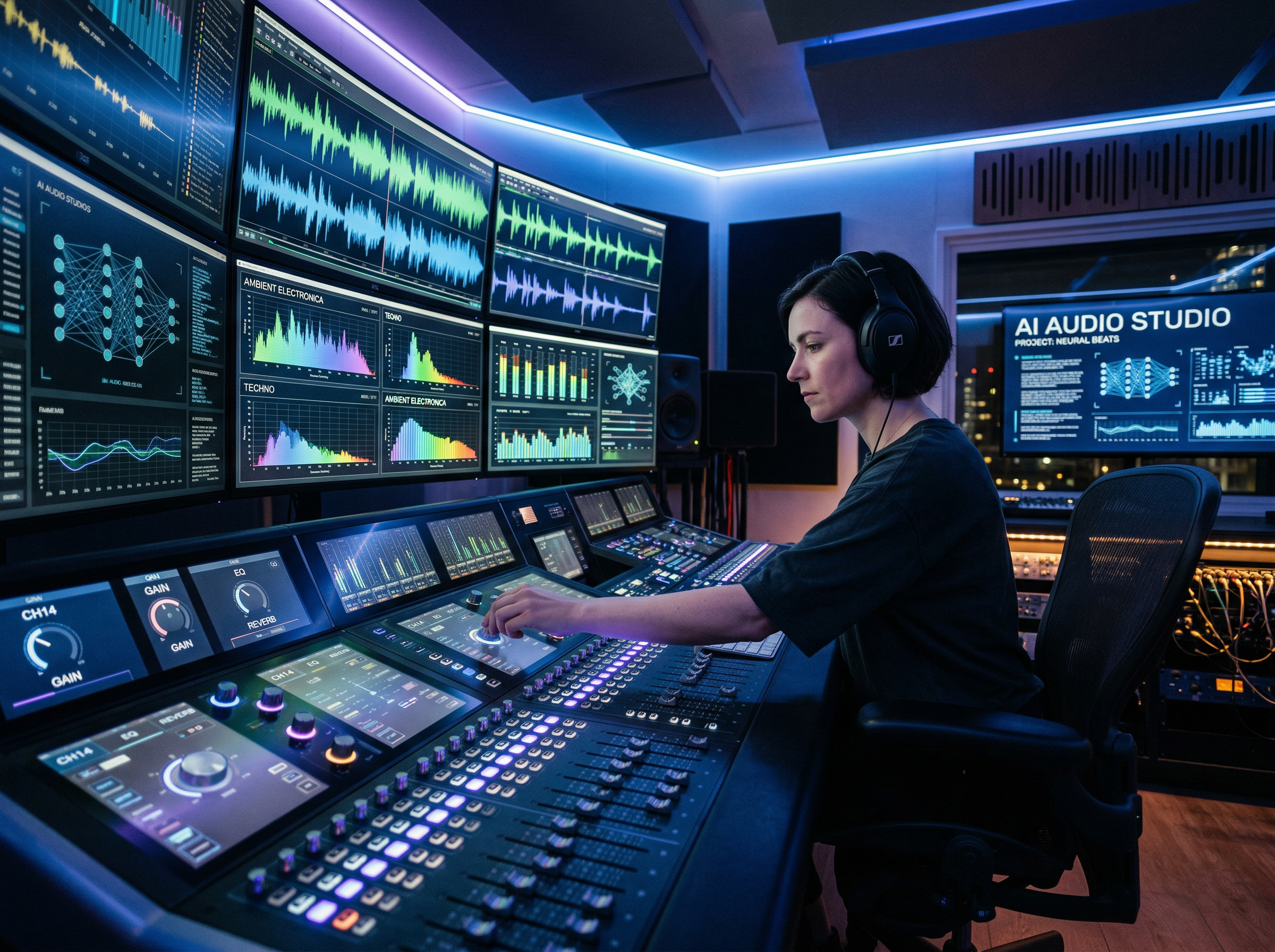 AI music studio with waveforms and equalizer visualizations on multiple screens