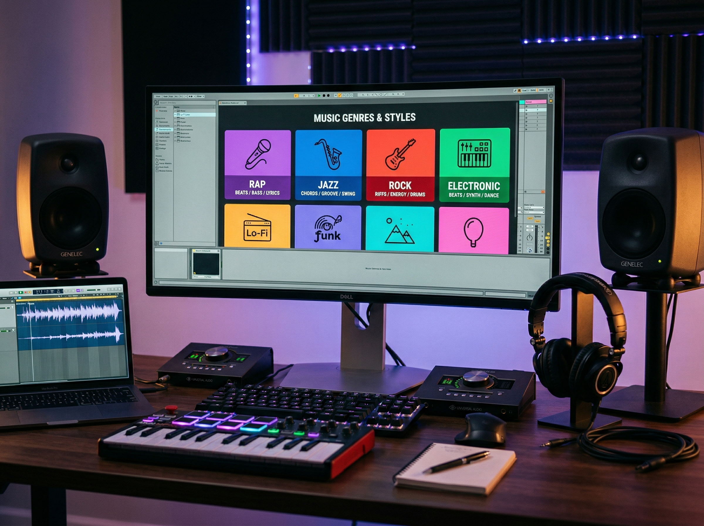 Music production workspace with genre cards and style suggestions displayed on screen
