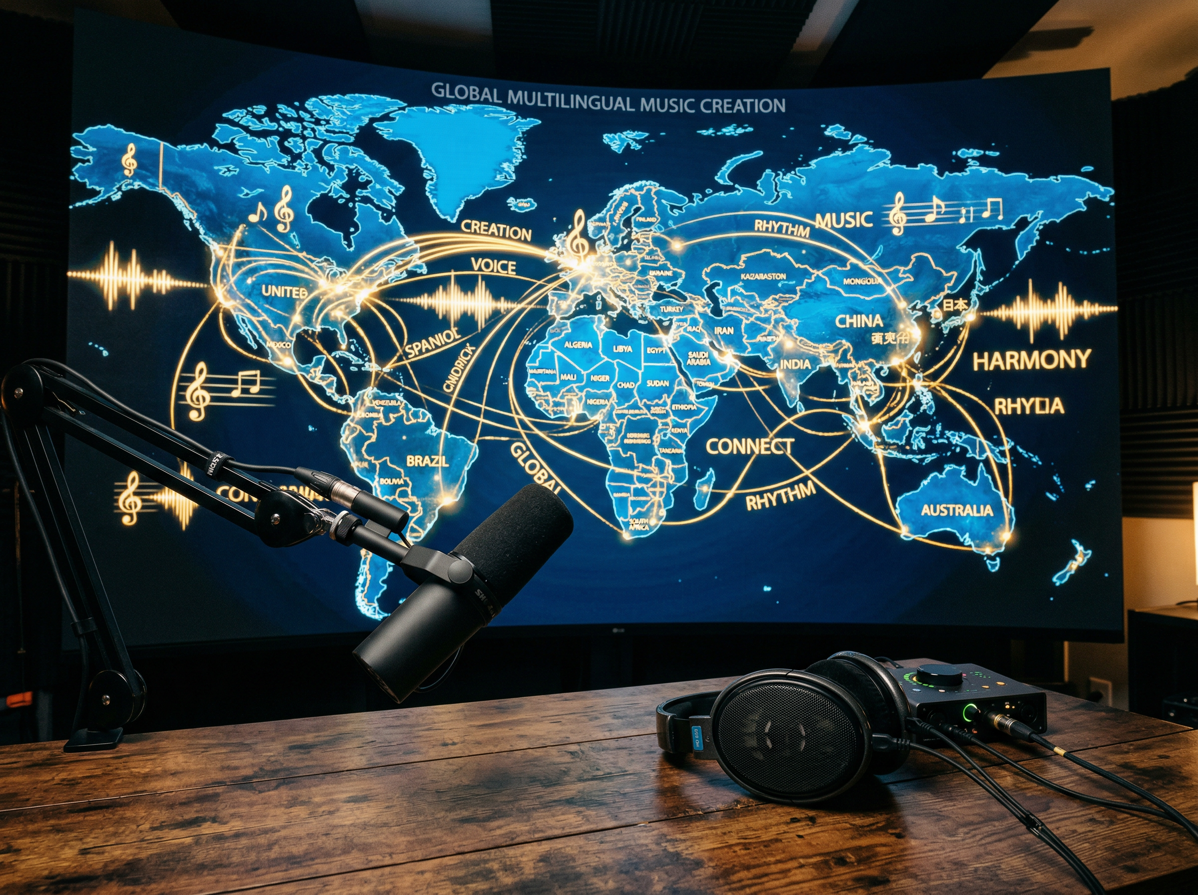 World map with musical notes connecting different countries representing multilingual music creation